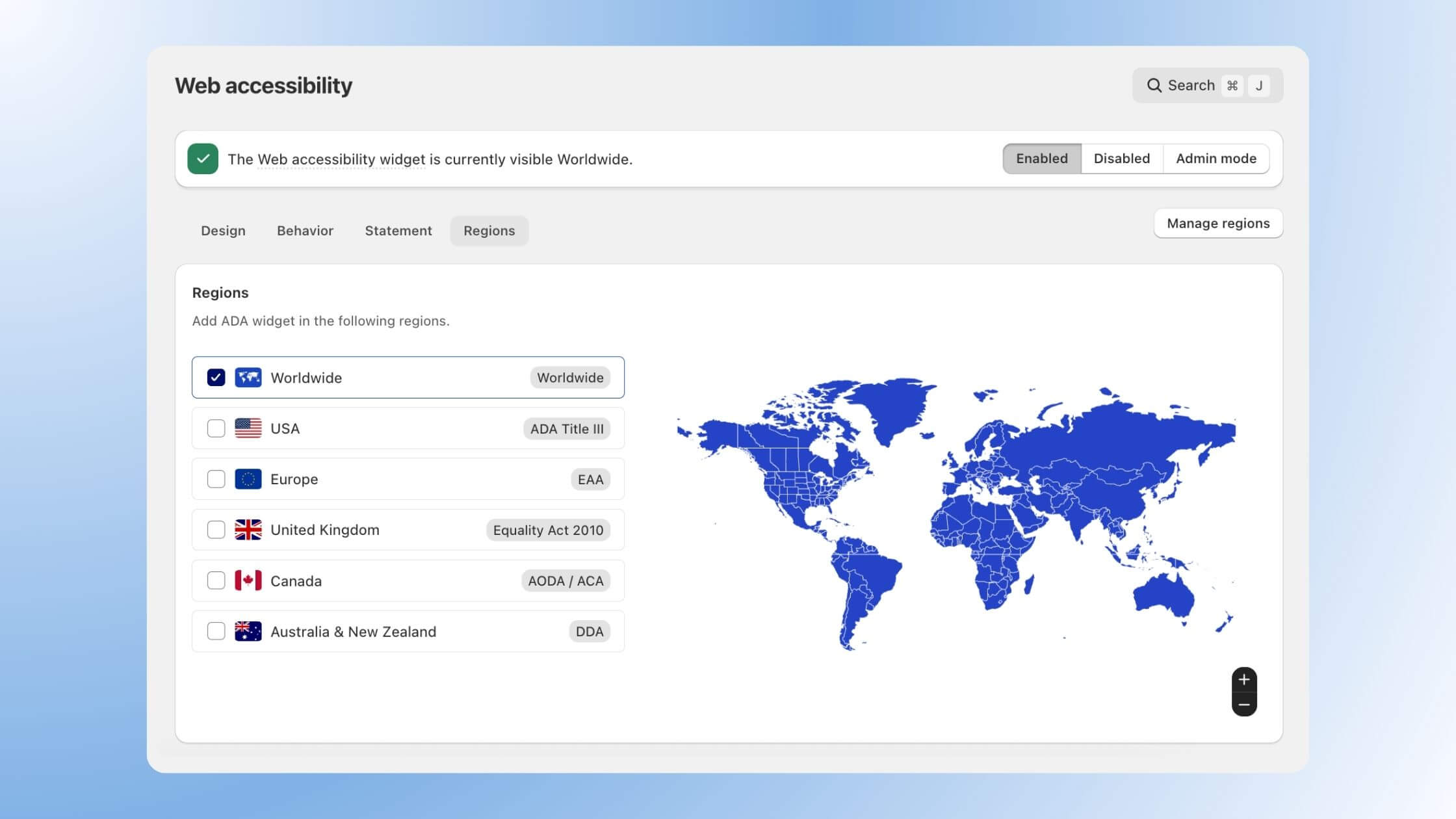 Screenshot of the Consentmo Web Accessibility widget's Regions settings, showing the "Worldwide" option selected with a blue world map, alongside region options for USA (ADA Title III), Europe (EAA), UK (Equality Act 2010), Canada (AODA/ACA), and Australia & New Zealand (DDA).