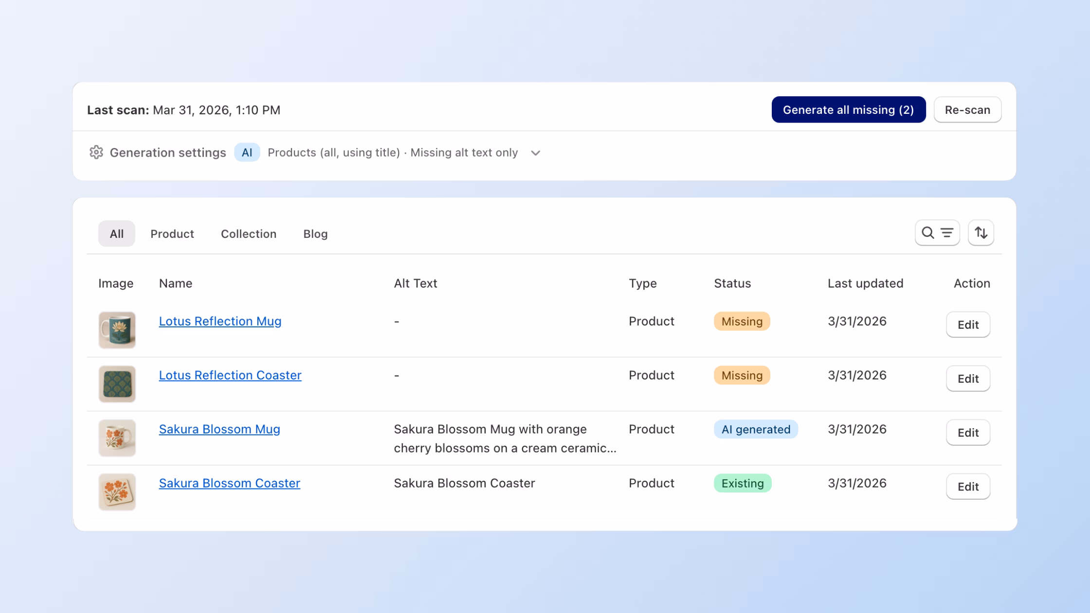 A detailed table view of the Consentmo AI Alt Text Manager. It displays a list of storefront images, including products like 'Lotus Reflection Mug' and 'Sakura Blossom Coaster,' with columns for Alt Text, Type, and Status. The status column highlights different states such as 'Missing,' 'AI generated,' and 'Existing,' demonstrating how the tool identifies and fixes accessibility gaps across product and collection images.