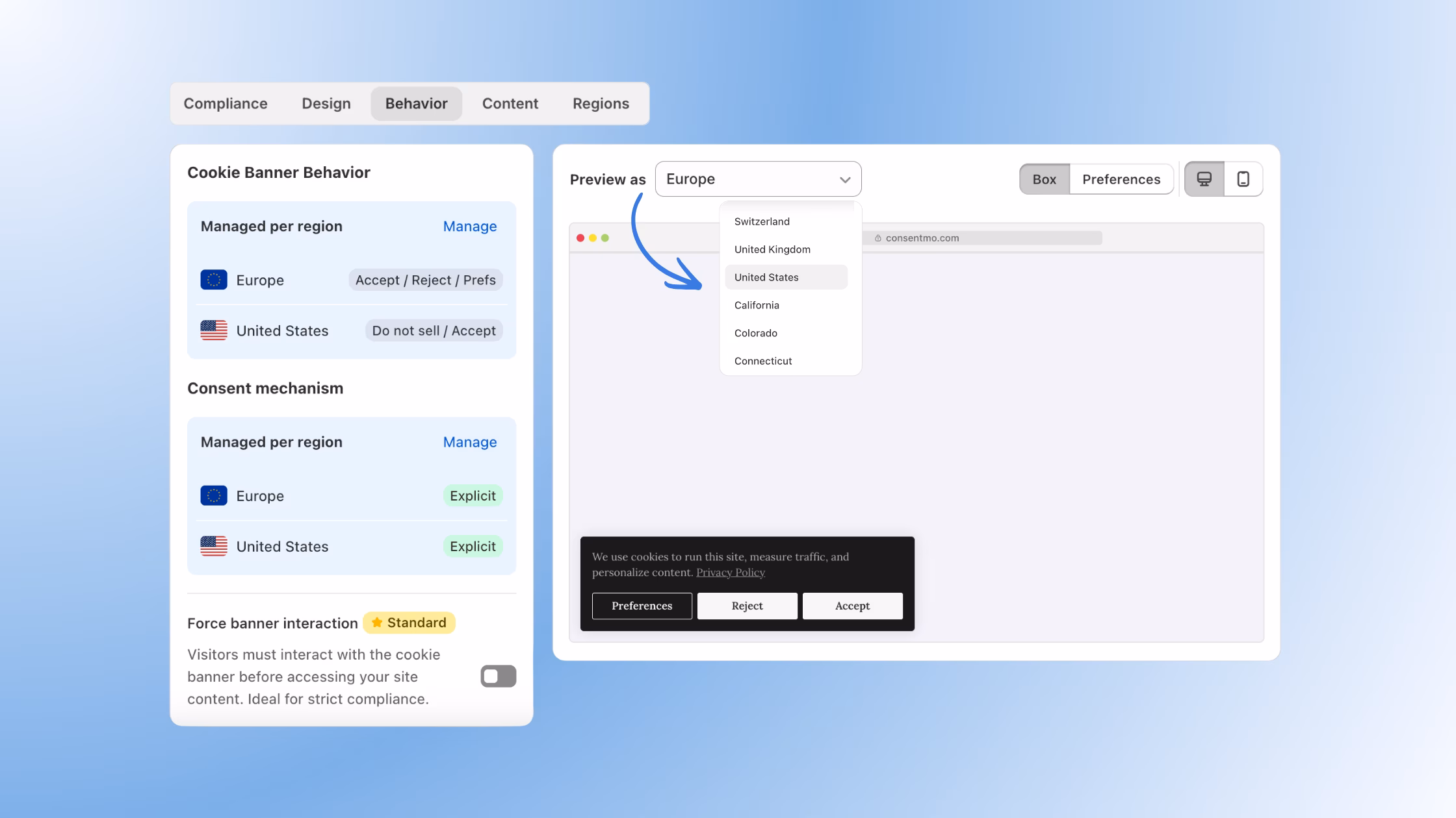 A "Preview as" dropdown sits alongside your configuration settings. Select any country or US state from the list, and the banner mockup on the right updates immediately — showing you the consent model, button configuration, and visual layout exactly as a visitor in that location would see it.