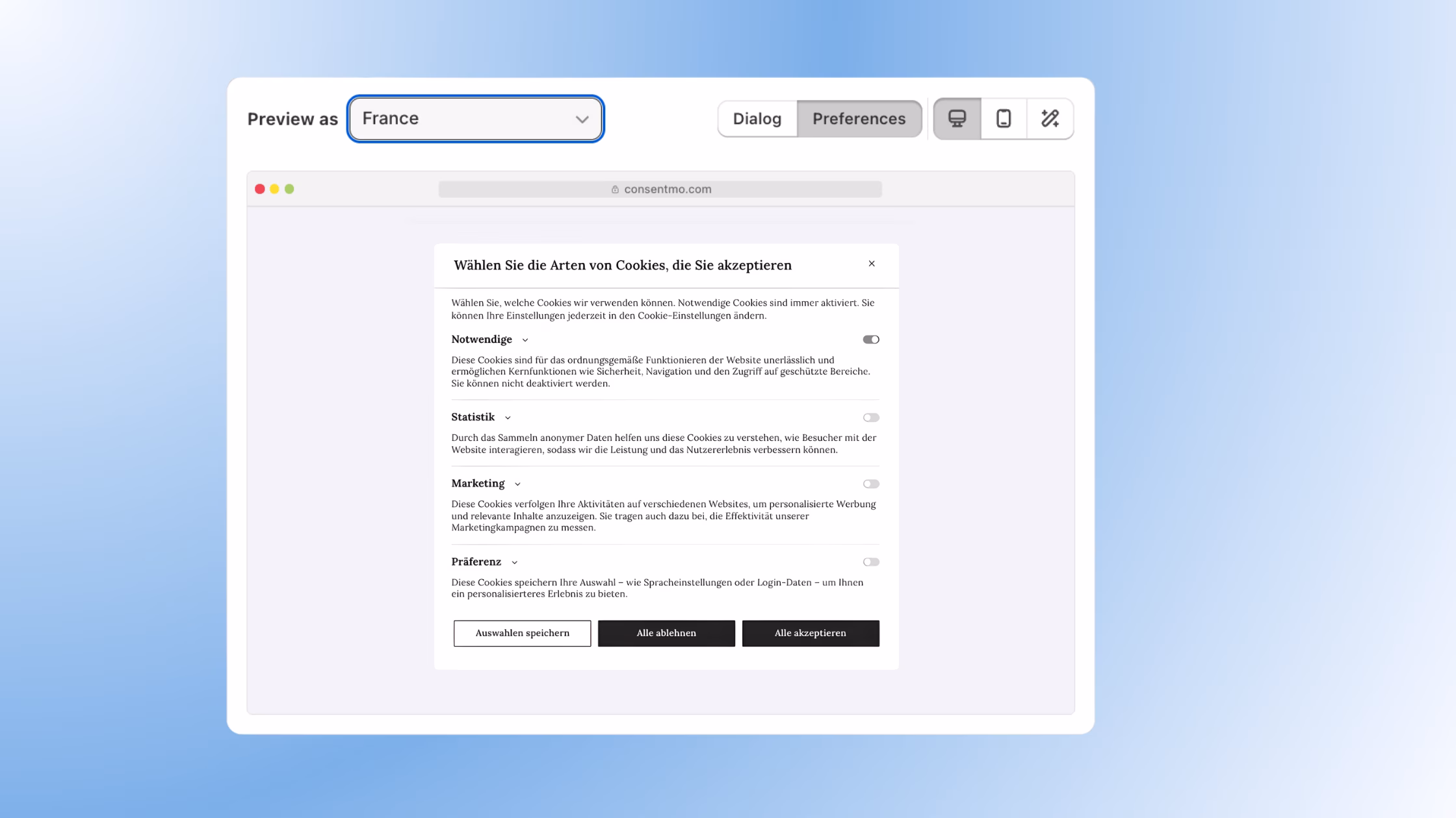 If you have multiple languages configured in the Content tab, selecting a region in the dropdown will also show your banner in the correct language for that region.