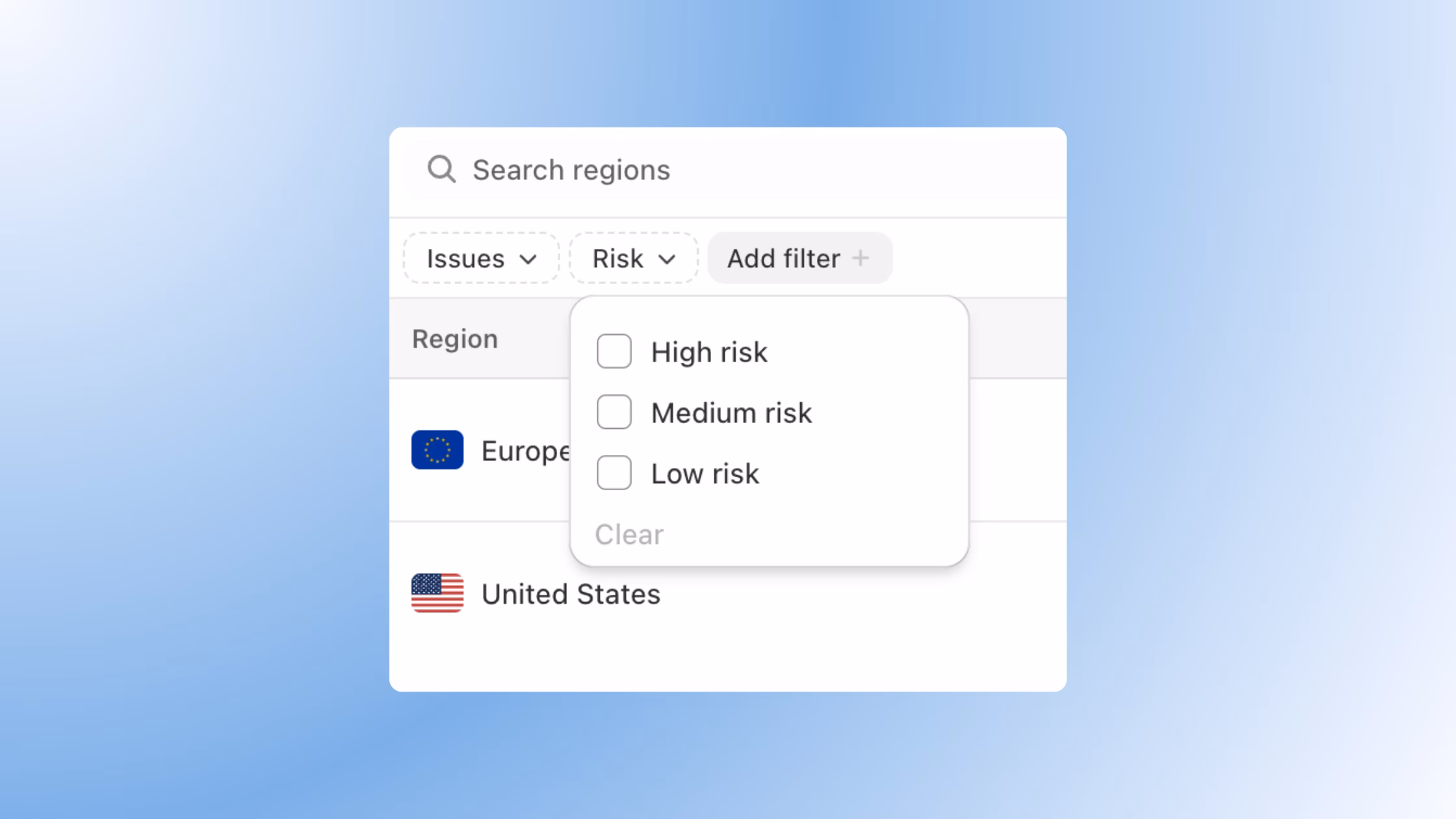 A user interface showing region filters with a dropdown menu for "Risk" levels including High, Medium, and Low risk.
