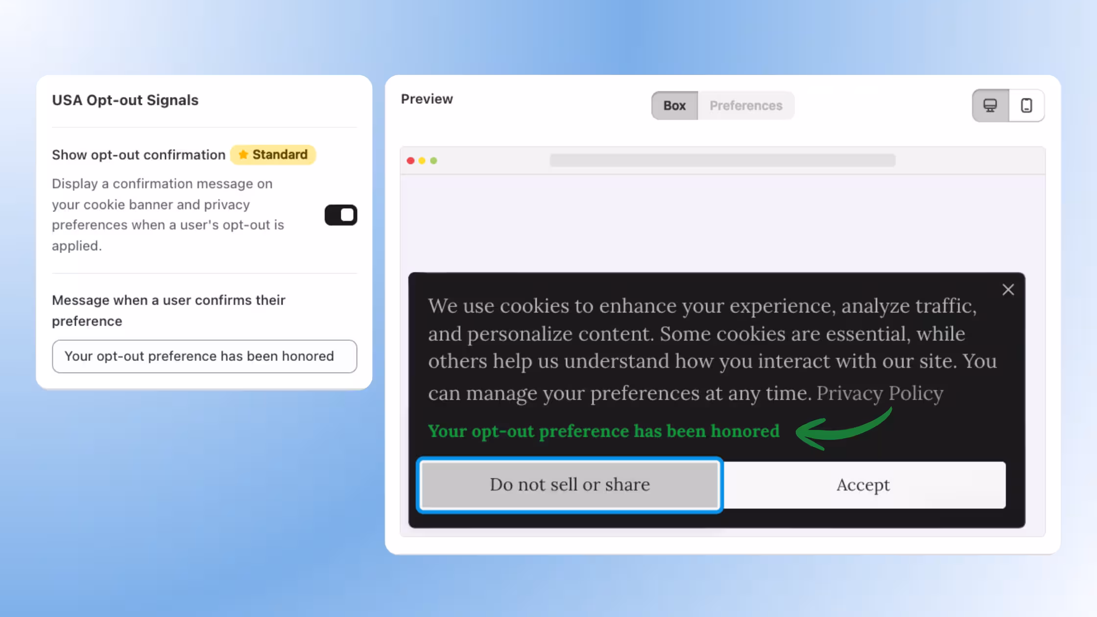 A settings interface for "USA Opt-out Signals" alongside a preview window showing a dark cookie banner with a green confirmation message: "Your opt-out preference has been honored."