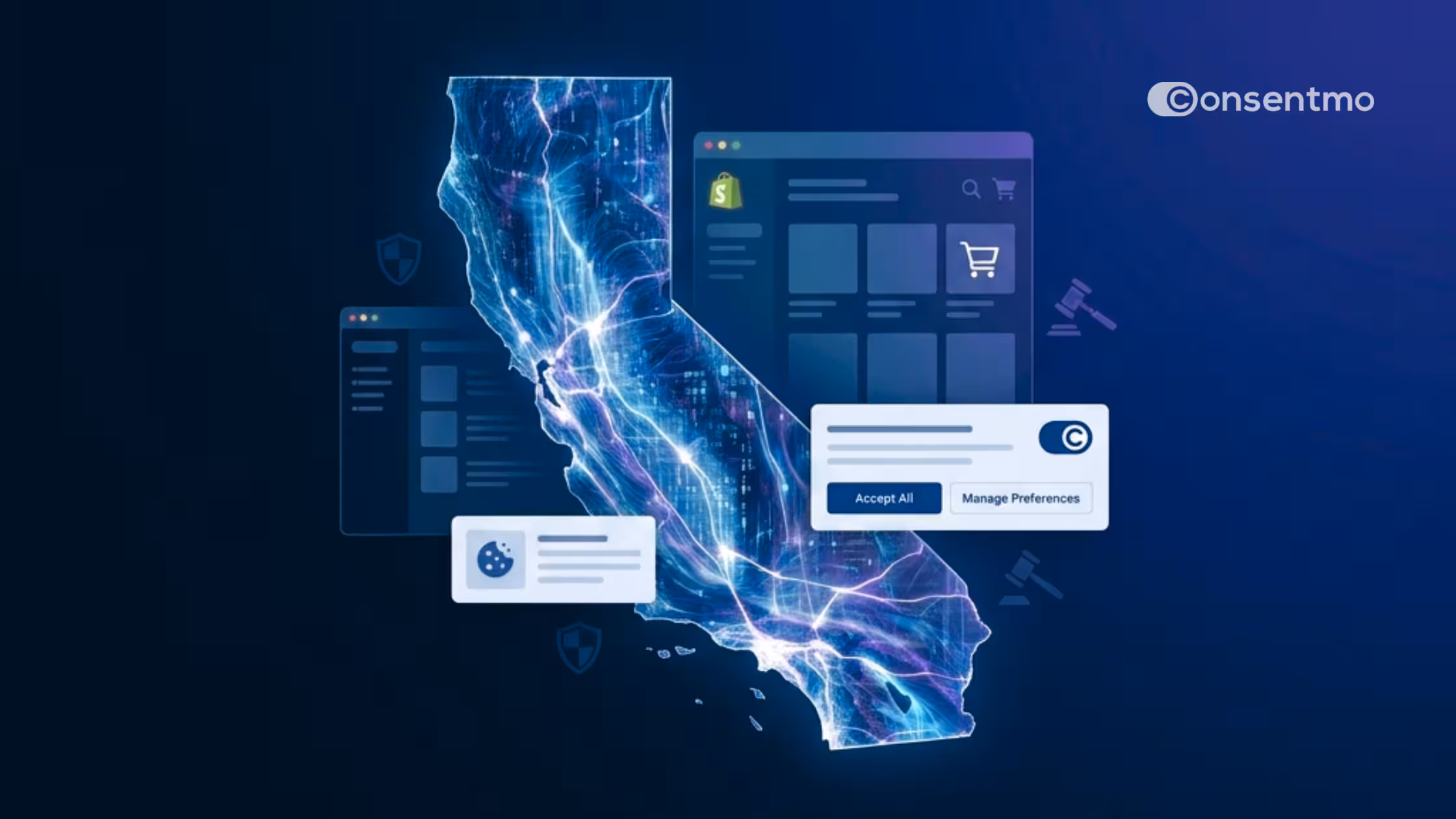 Conceptual illustration by Consentmo featuring a glowing, digital map of California surrounded by website interfaces, cookie consent banners, shields, and legal gavels, representing data privacy compliance.