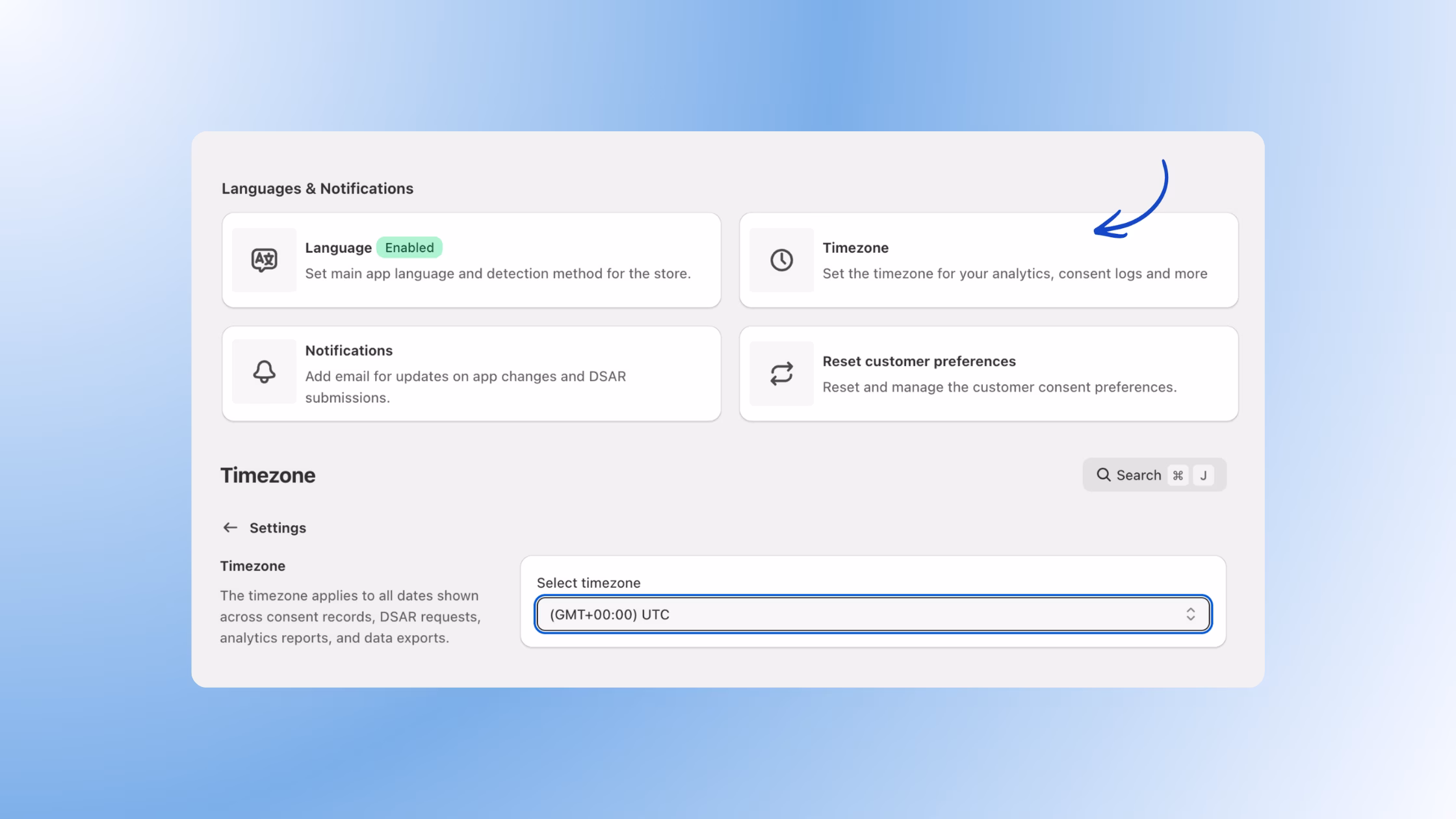 A settings menu for "Languages & Notifications" with a blue arrow pointing to the "Timezone" option, featuring a dropdown menu below to select the specific timezone for analytics and consent logs.