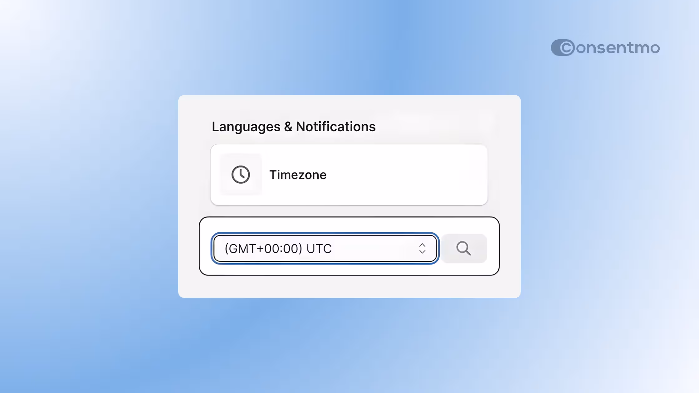 A close-up of the Consentmo "Languages & Notifications" settings, showing a Timezone selection box with "(GMT+00:00) UTC" selected and a search icon.