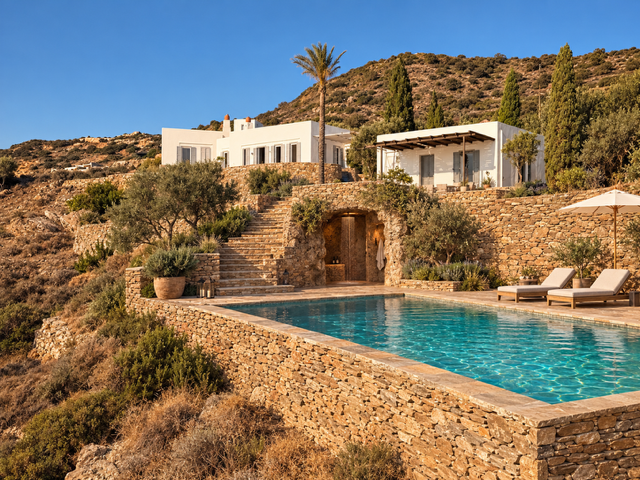 Mediterranean hillside villa with whitewashed buildings, dry-stone terraces, and an infinity pool overlooking the hills