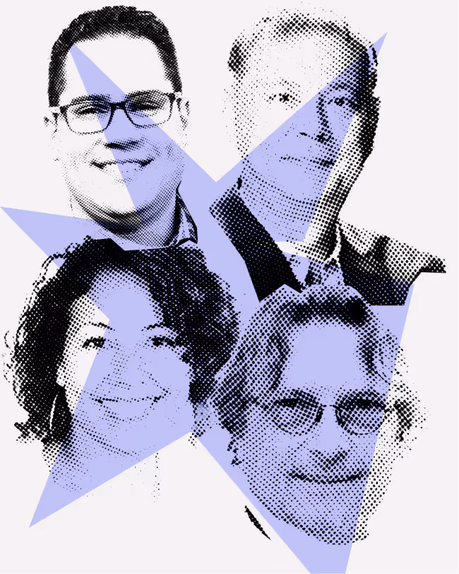 4 people smiling with red overlay color