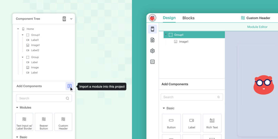 Thunkable's module editor and Component tree