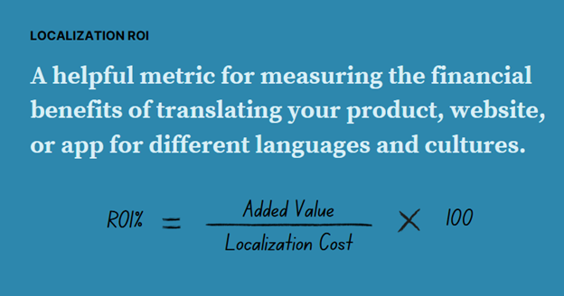 How to calculate localization ROI: the ROI percentage equals added value, divided by localization cost, multiplied by 100.