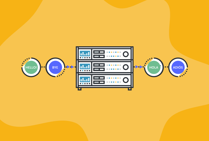 Image: Machine translation. A graphic showing a translation process showing machine vs human translation.