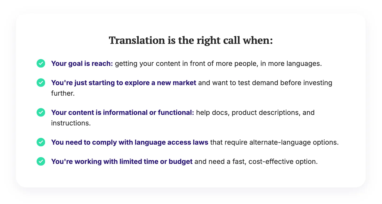 A list of items for when translation is the right call over localization