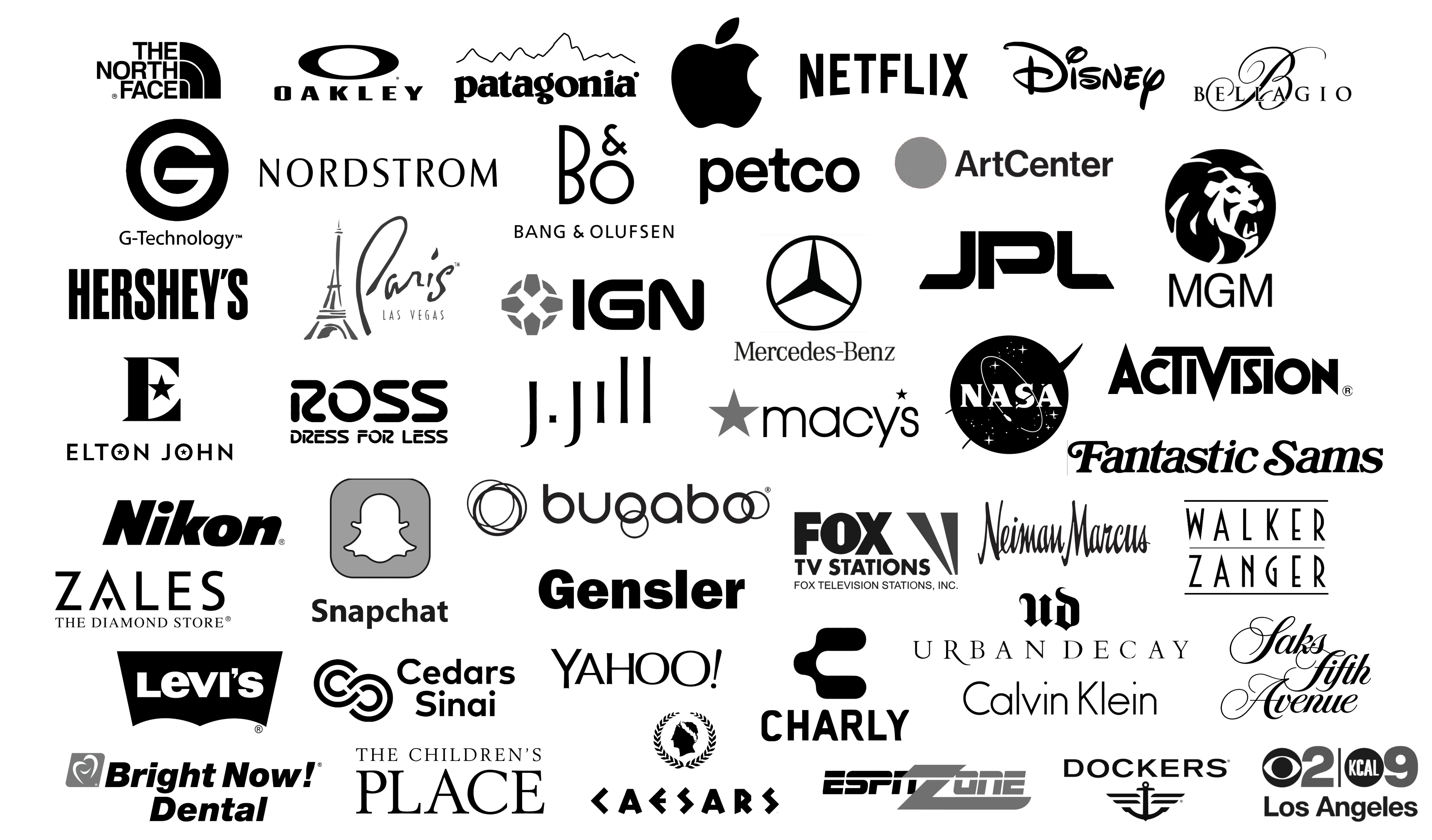 A collage of various brand logos including Apple, Disney, MGM, NASA, Mercedes-Benz, Snapchat, Levi's, Calvin Klein, FOX TV Stations, The North Face, Oakley, Nordstrom, Macy's, Zales, and more.