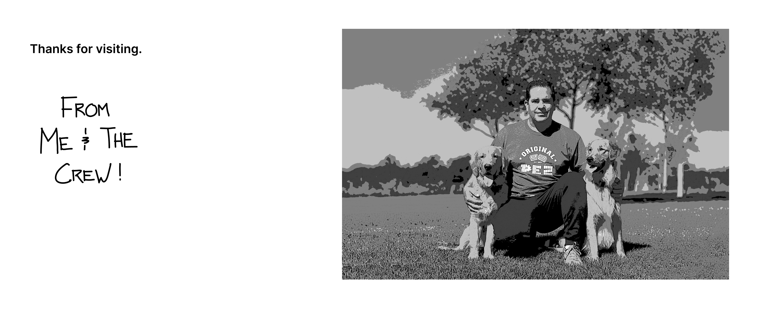 Man kneeling on grass outdoors with two golden retrievers sitting beside him under trees.