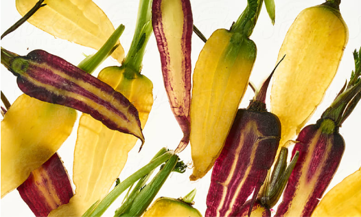 Close up of vertically sliced peppers to see the inside of them