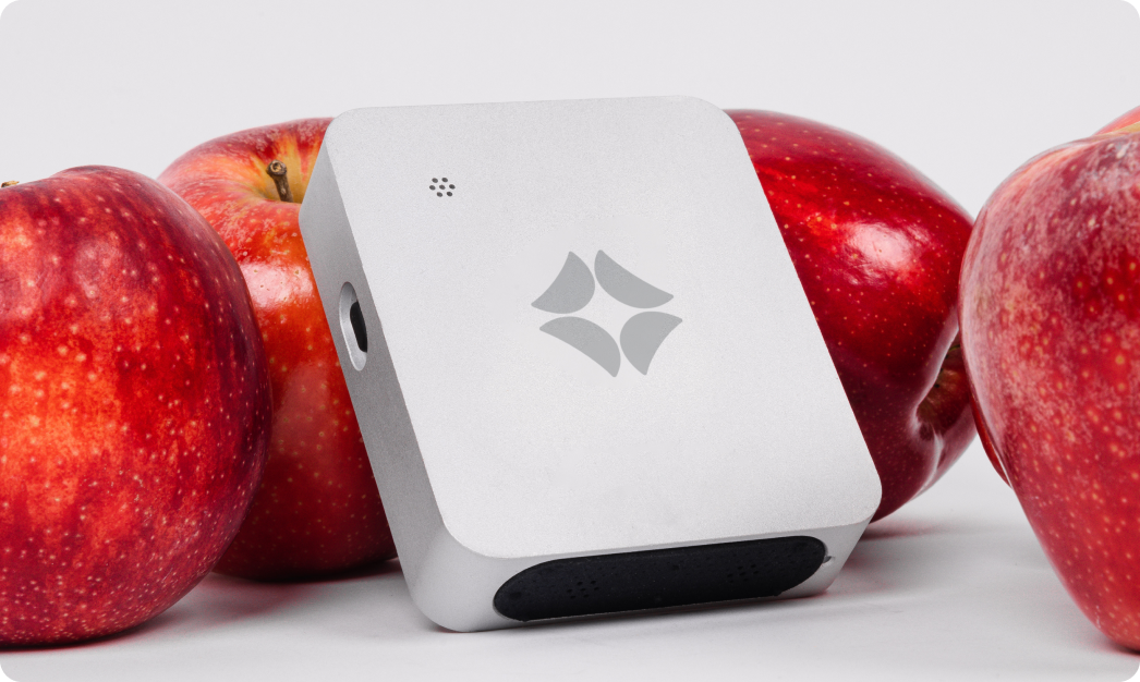 A close up of Strella's sensor next to 4 apples