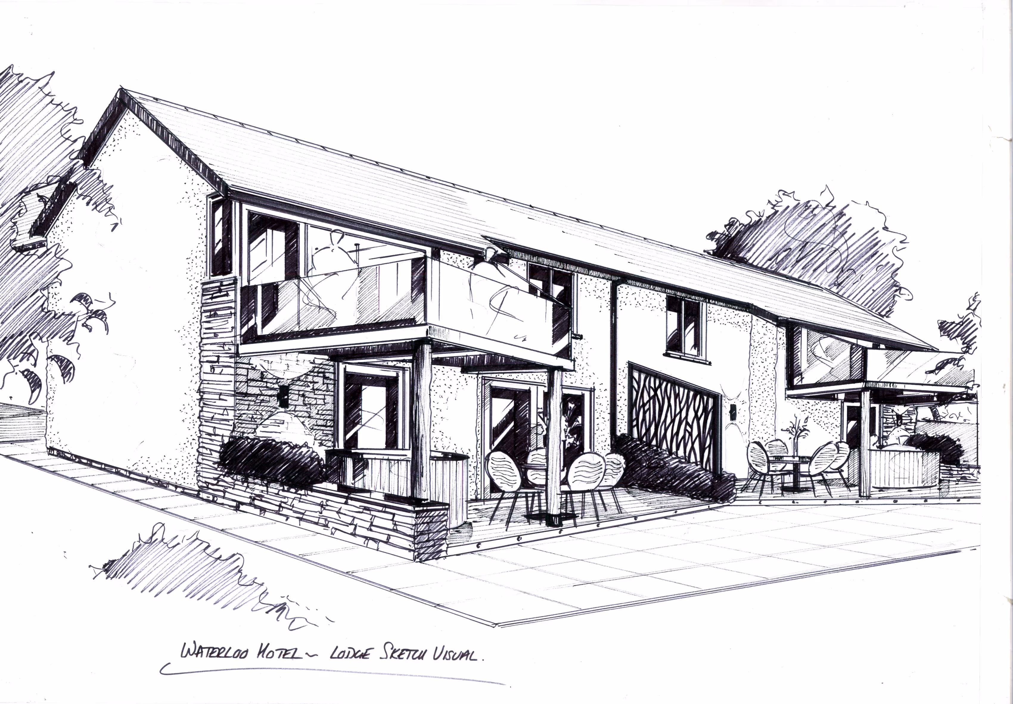 Holiday lodge refurbishment, interior design, exterior sketch, Wales
