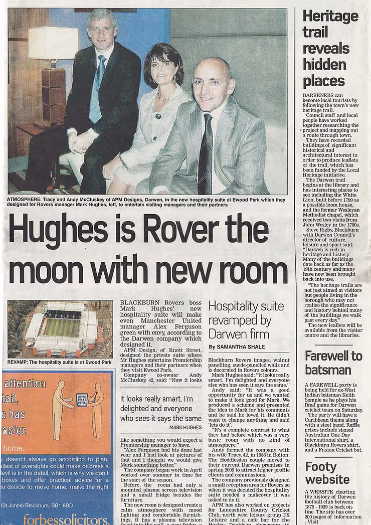 Scan of newspaper cutting with photo of APM team and Mark Hughs. Headline: "Hughs is Rover the moon with new moon" 