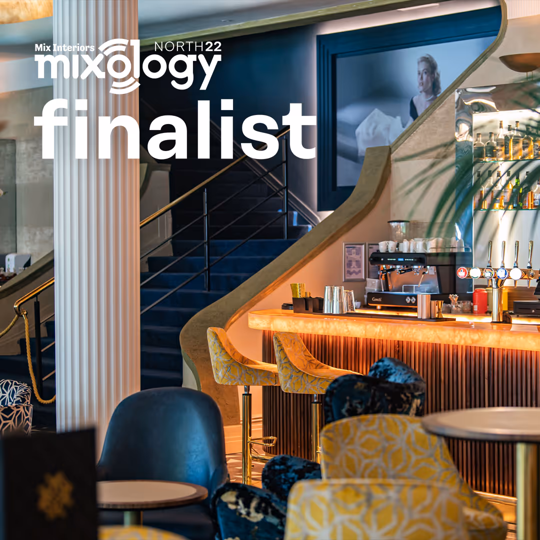Mixology 22 Finalist logo overlaying image of bar interior design