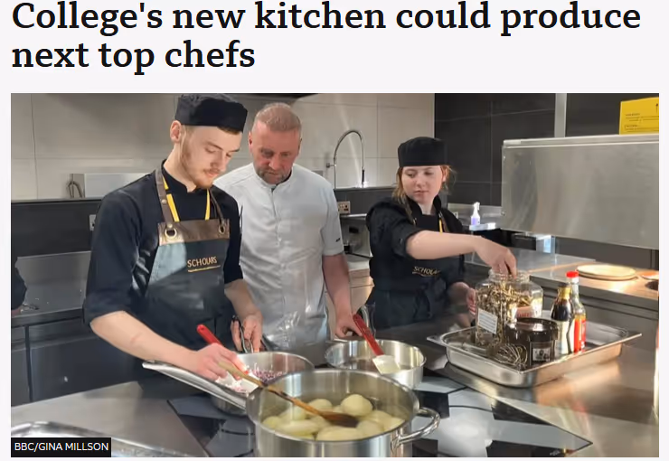 BBC News Headline showing image of chefs. Headline reads "College new kitchen could produce next top chefs"