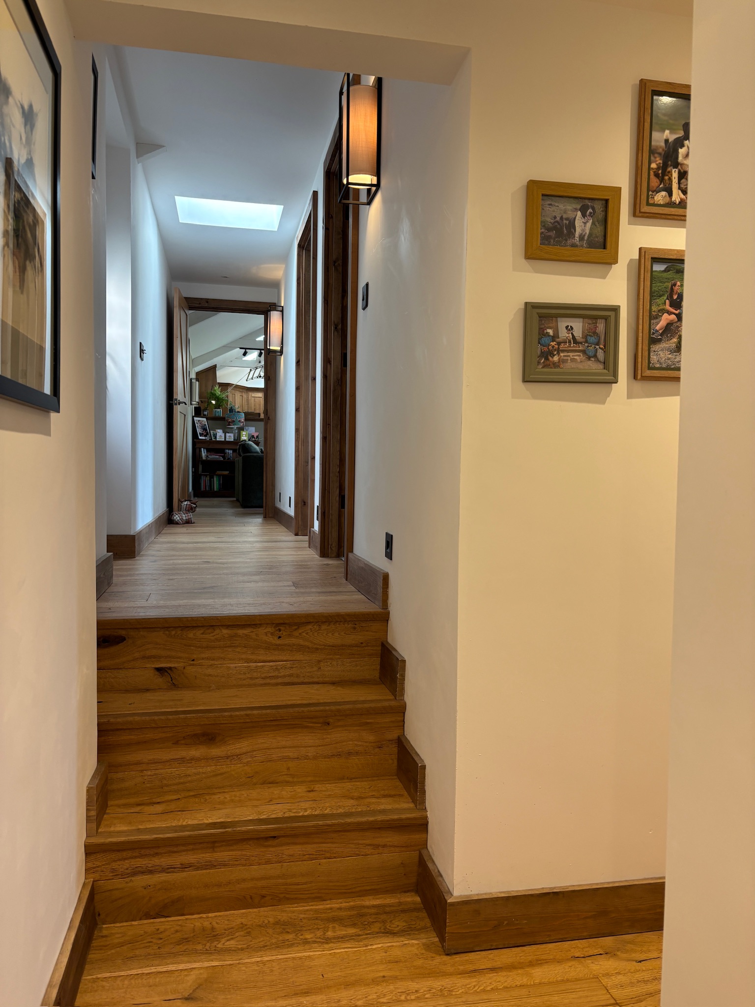 Split level property, intenal timber clad steps.