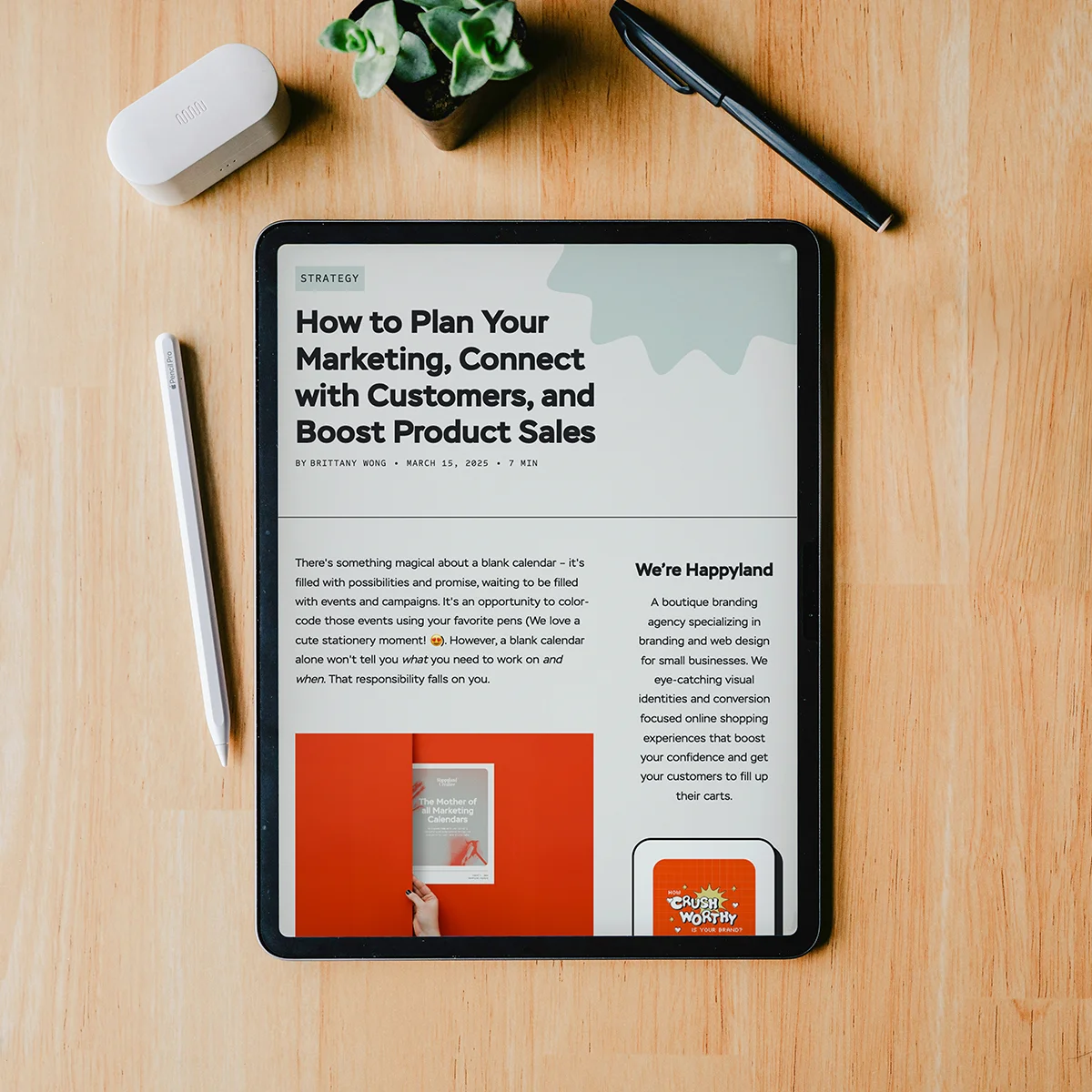 Tablet displaying a finished blog article layout, representing blog refresh and SEO optimization services by Luma Liz.