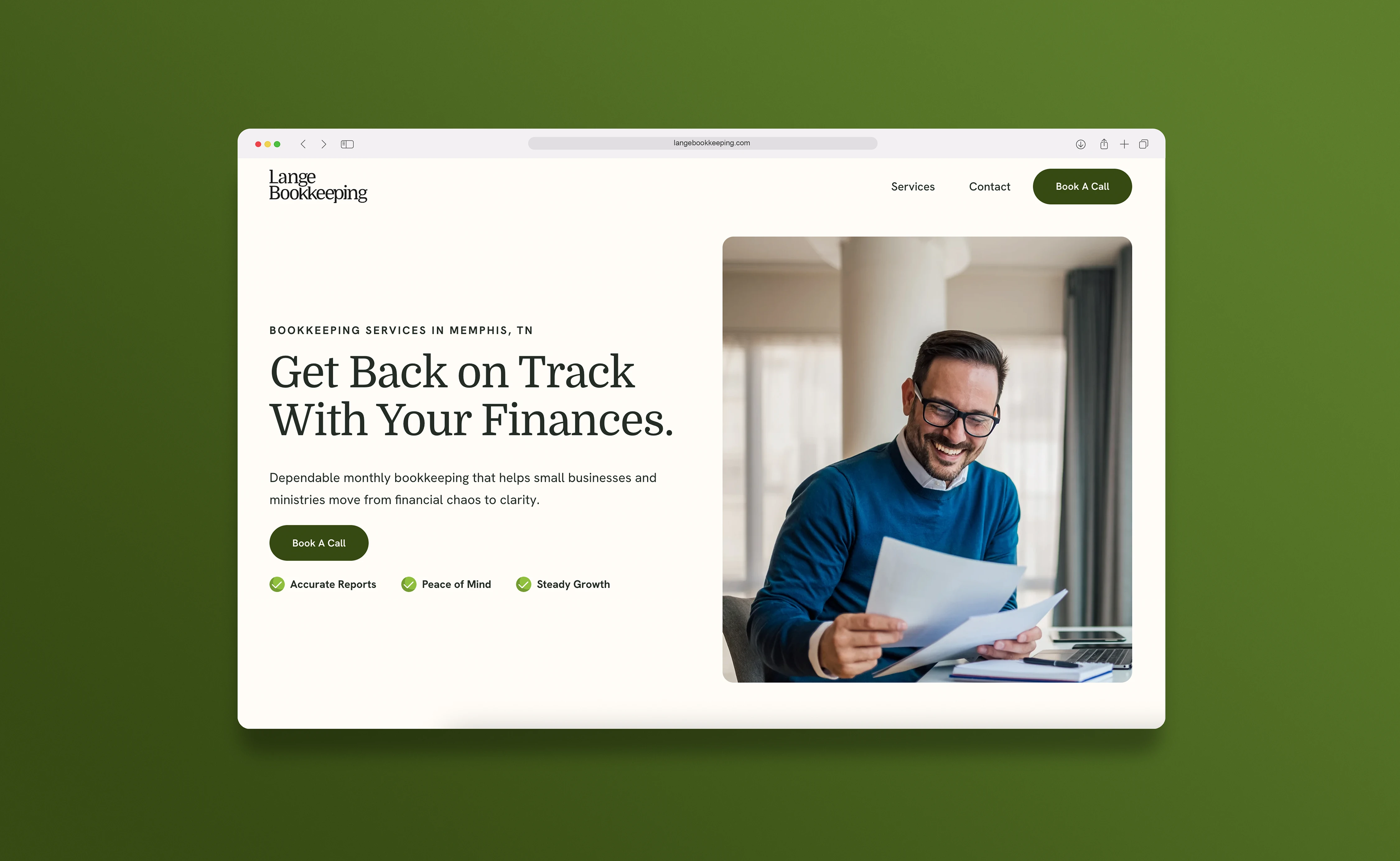 A desktop mockup of a strategic website designed for Lange Bookkeeping in Memphis, showcasing a clean, professional, and unforgettable user experience.