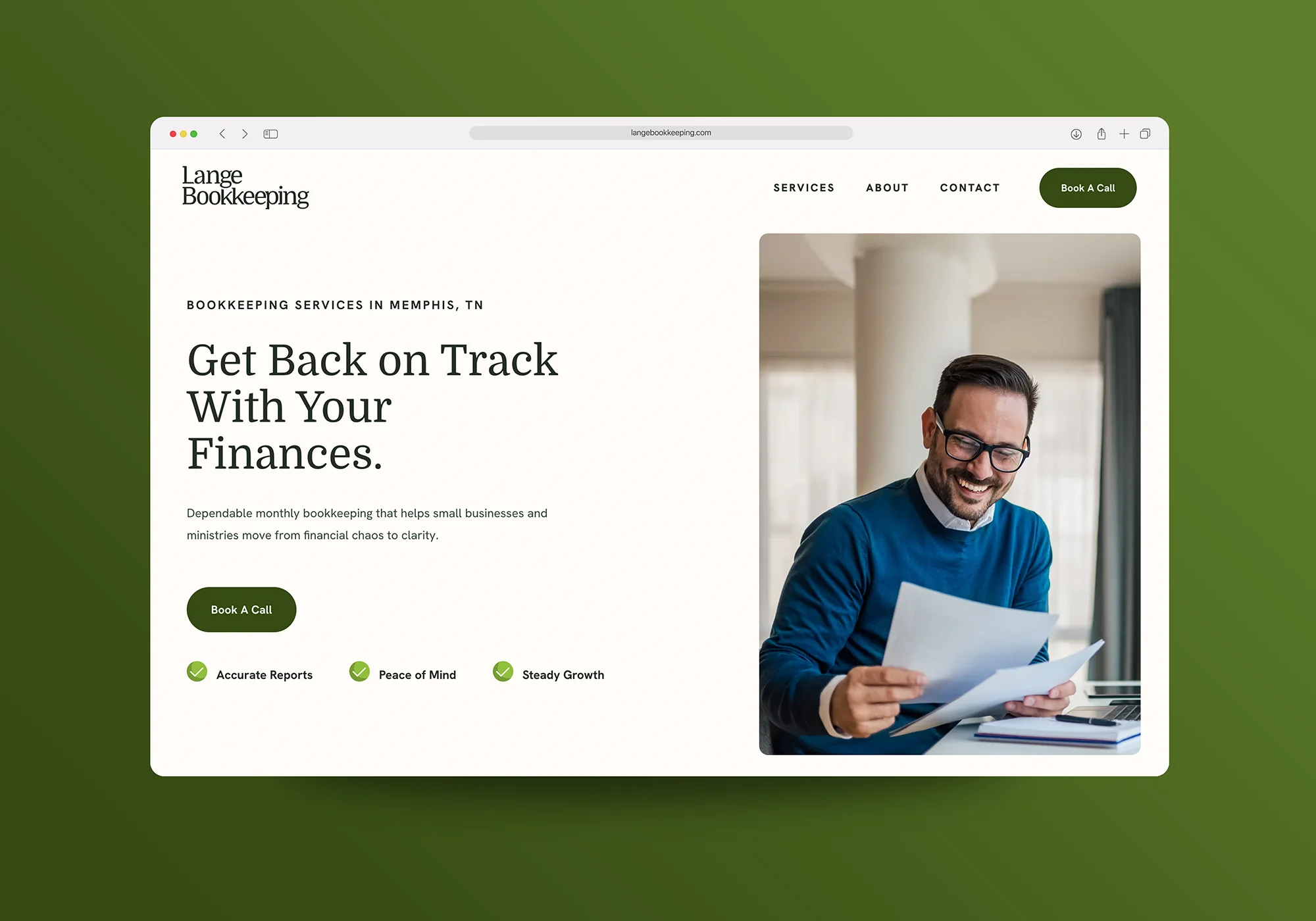 A desktop mockup of a strategic website designed for Lange Bookkeeping in Memphis, showcasing a clean, professional, and unforgettable user experience.
