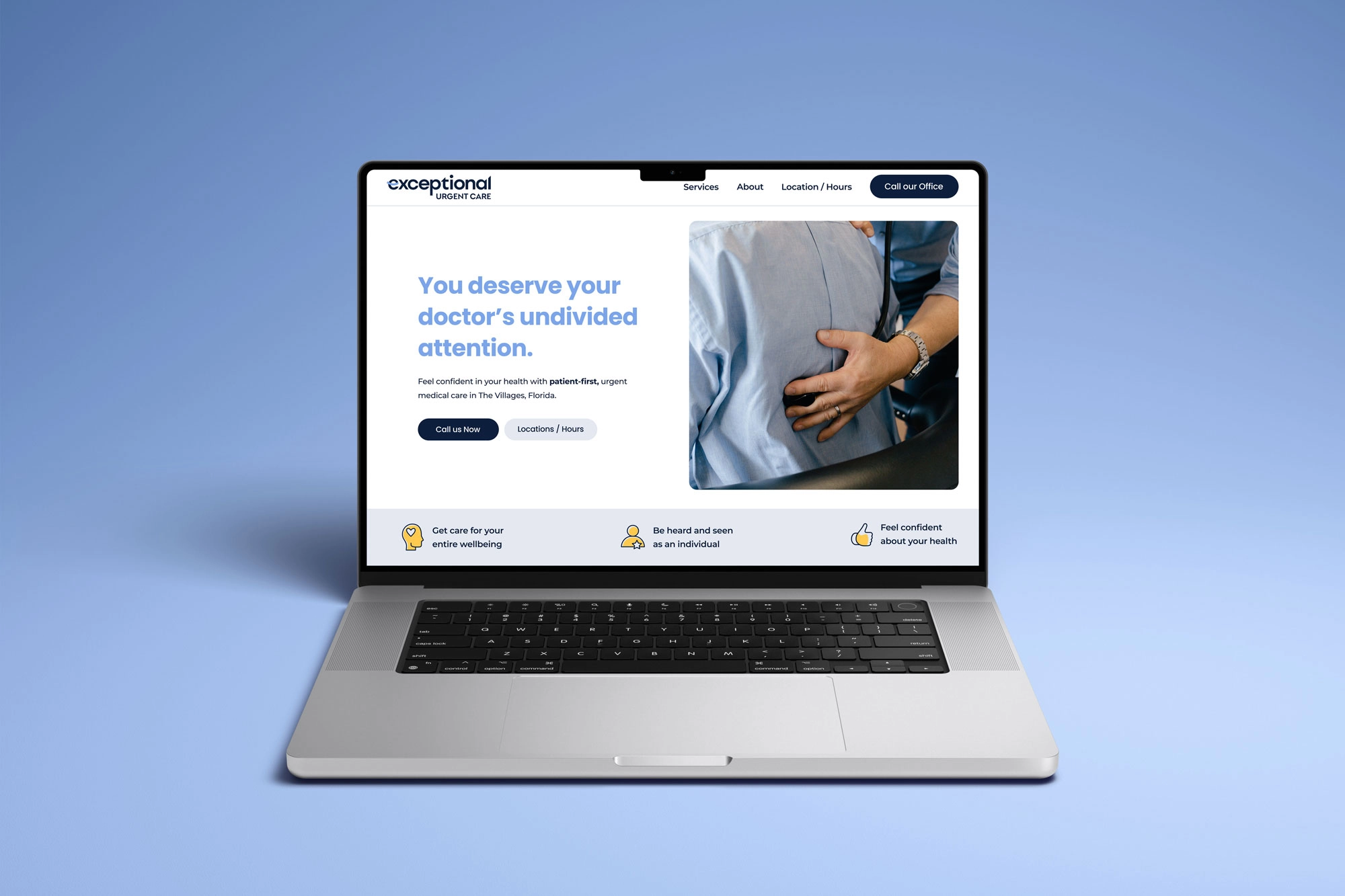 Laptop mockup displaying small business website homepage design for Exceptional Urgent Care