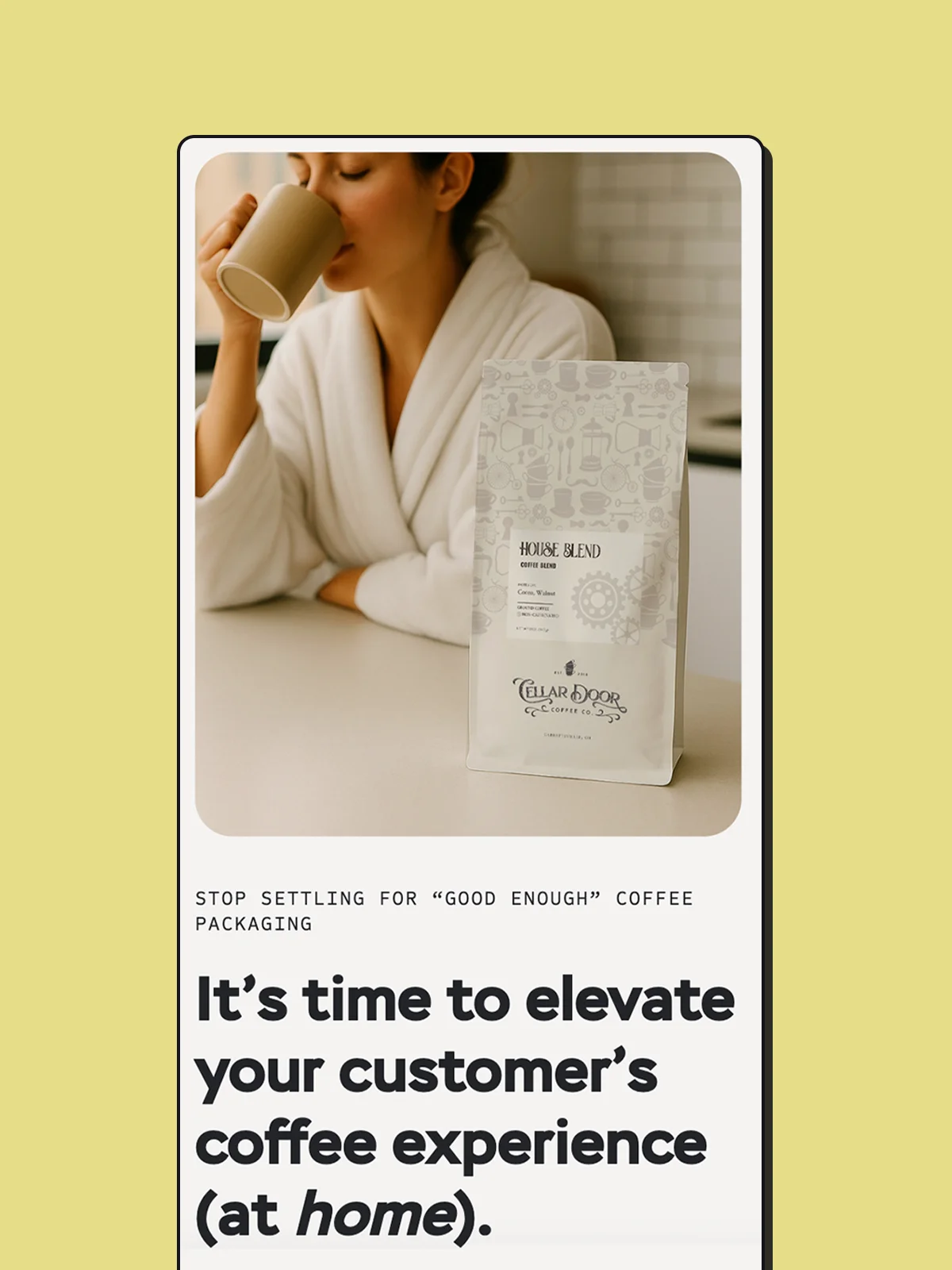Mobile longform sales page section focused on elevating the at-home coffee experience.