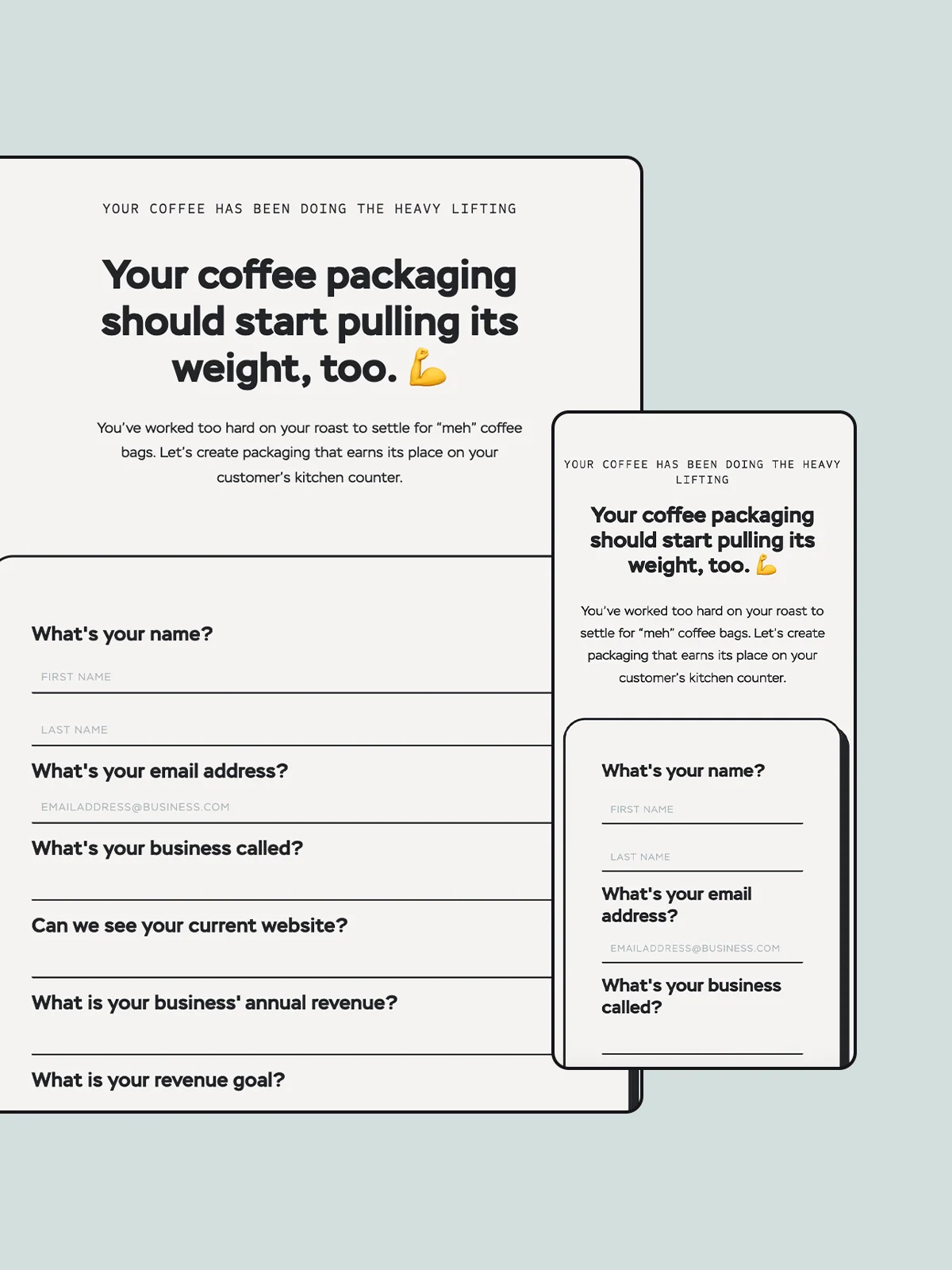 Tablet and mobile layout of a coffee brand longform sales page with call-to-action and contact form.