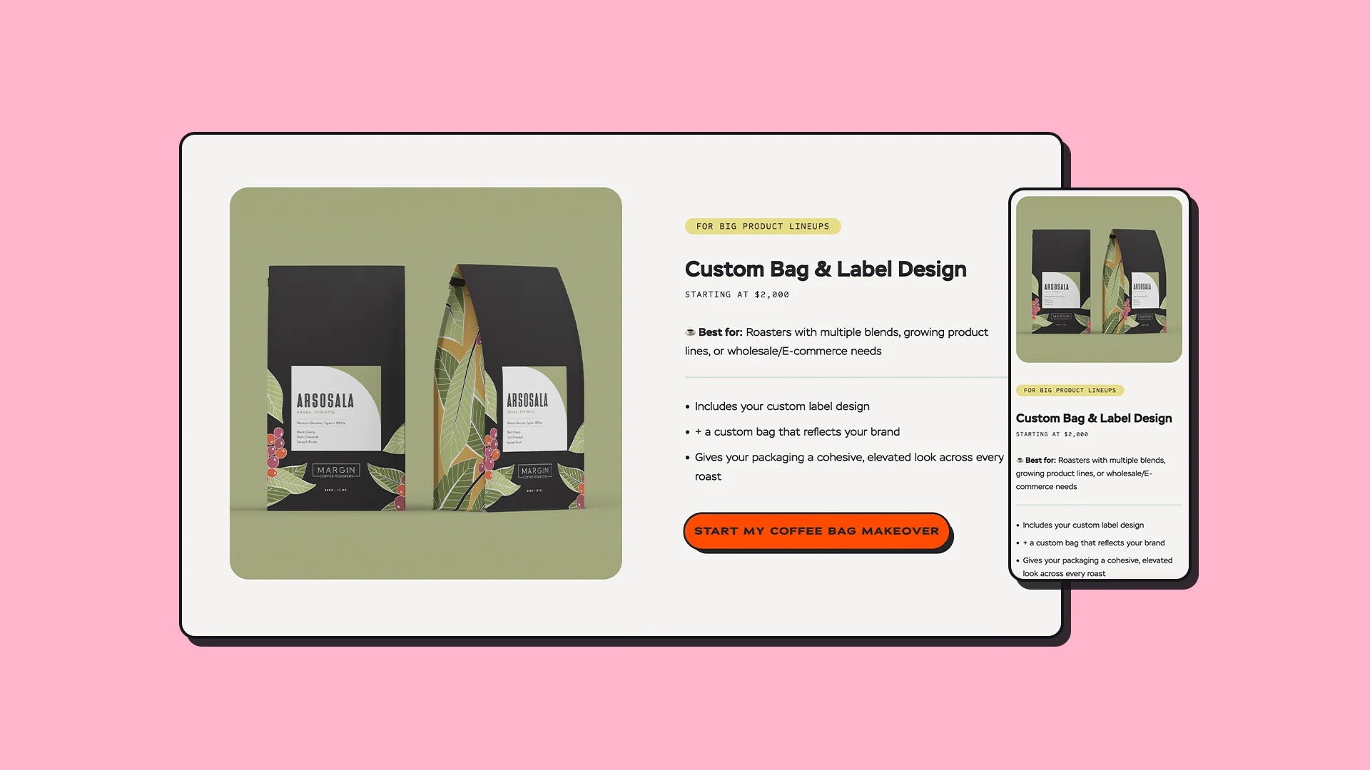 Desktop and mobile layout of a longform sales page highlighting coffee bag design services and pricing tiers.