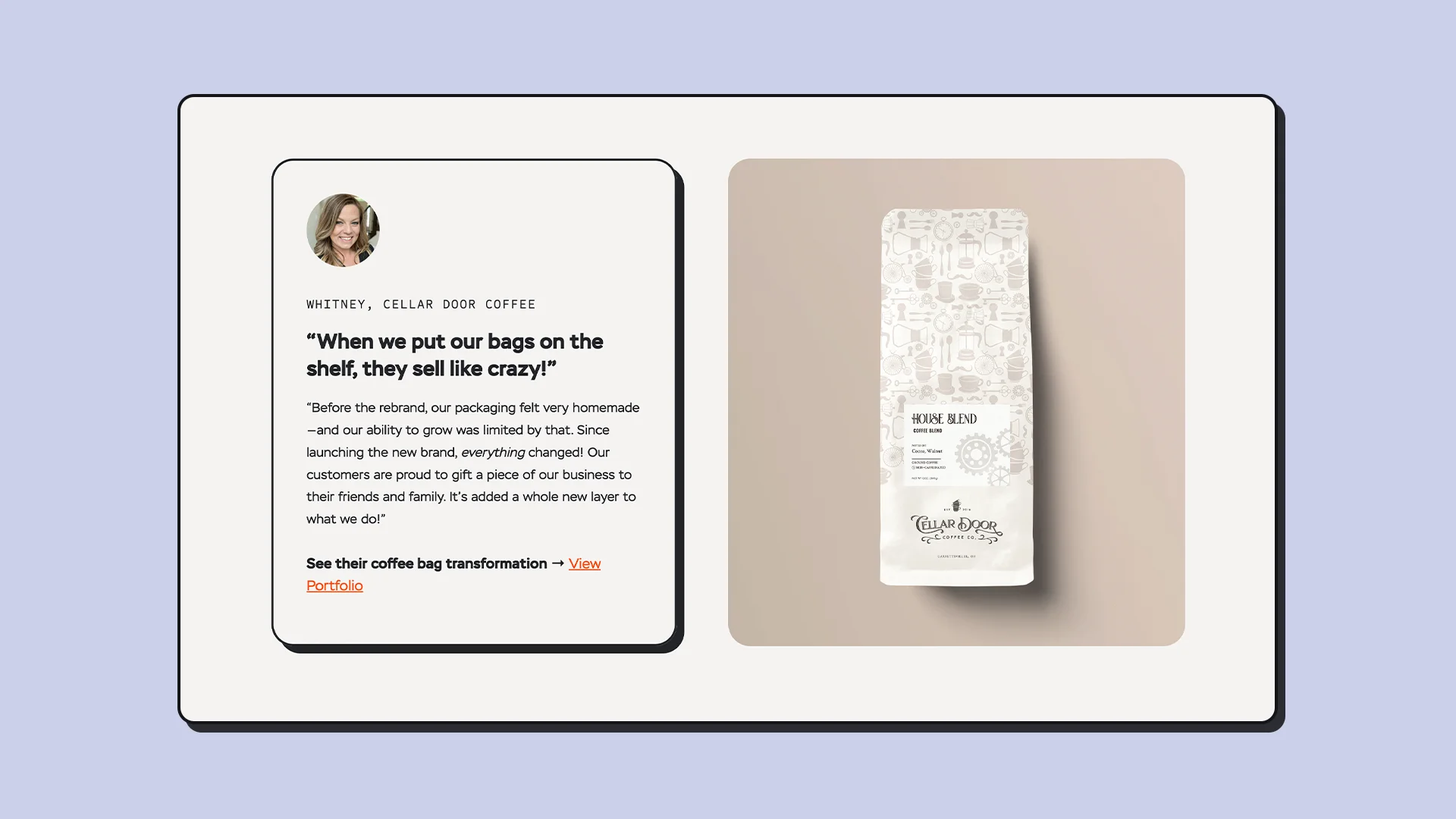 Desktop section of a longform sales page showing customer testimonial and branded coffee packaging.