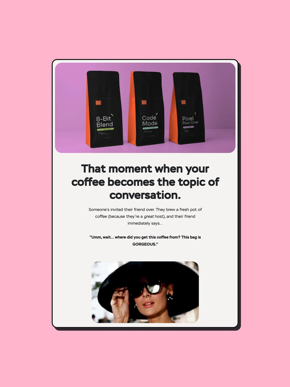 Tablet view of a longform sales page with coffee bag product imagery.