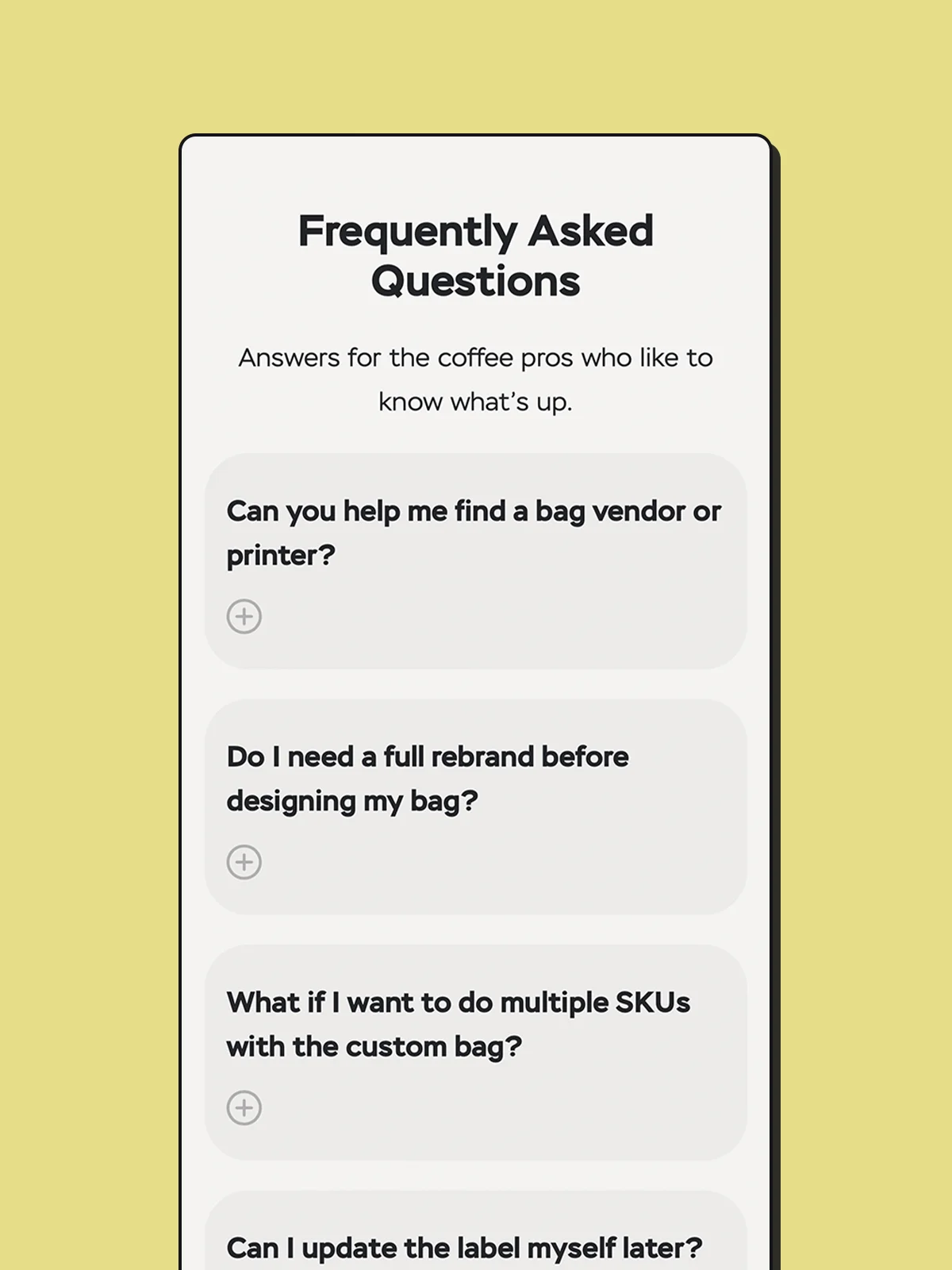 Mobile longform sales page displaying frequently asked questions for coffee brands.