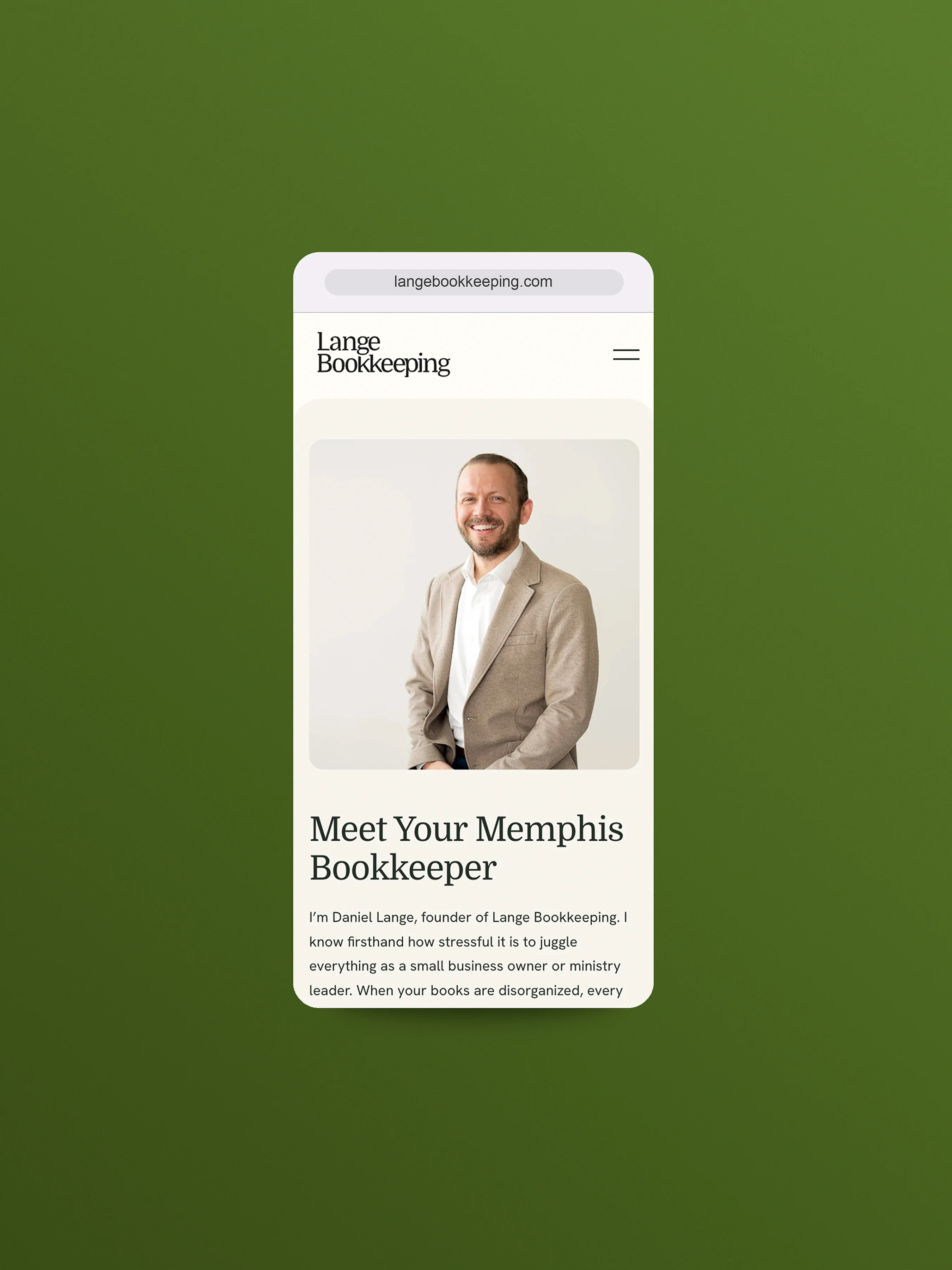 Portrait-oriented mockup of a client testimonial specifically optimized for mobile devices.