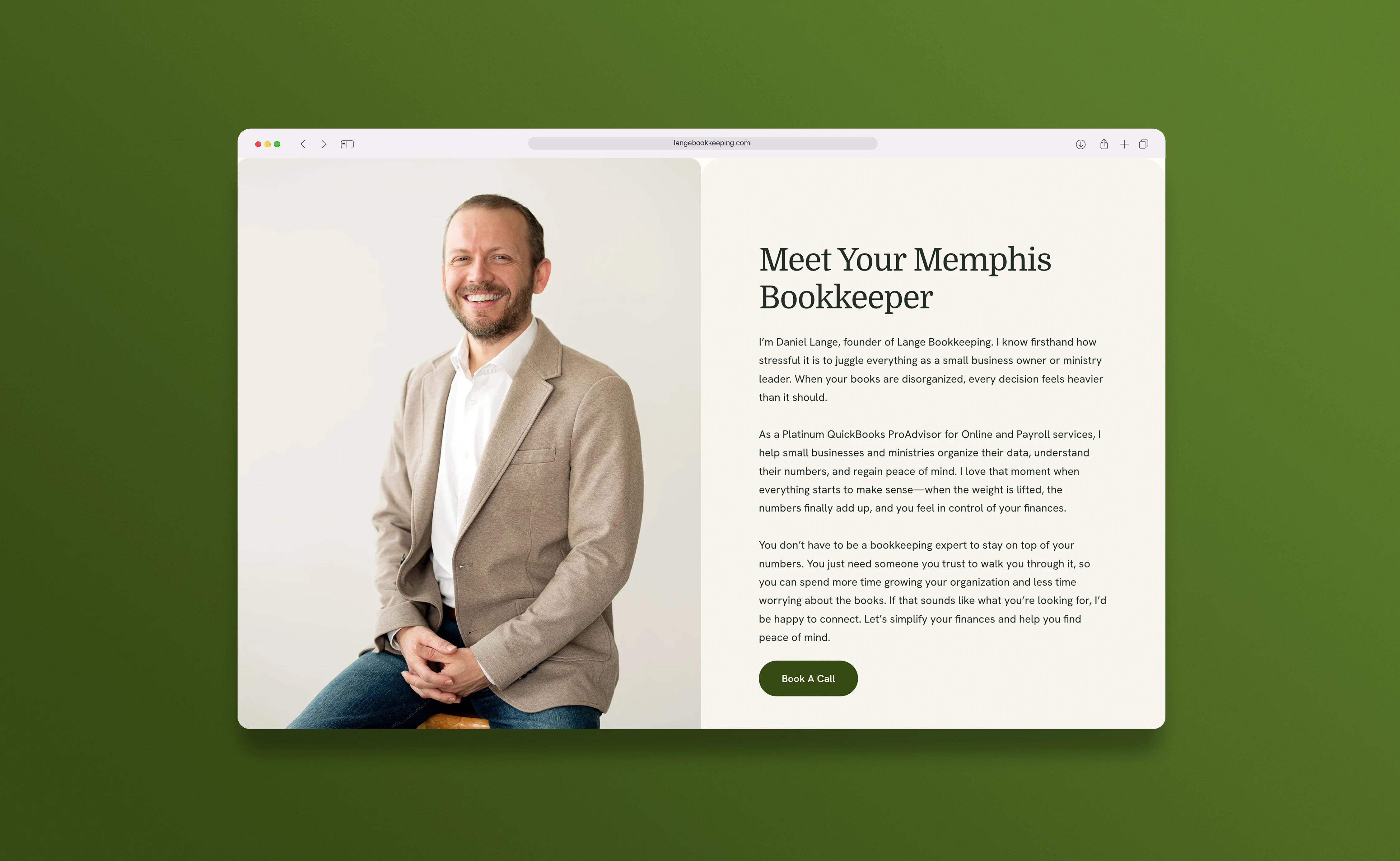 "Meet Your Memphis Bookkeeper" section featuring a professional portrait of Daniel Lange.