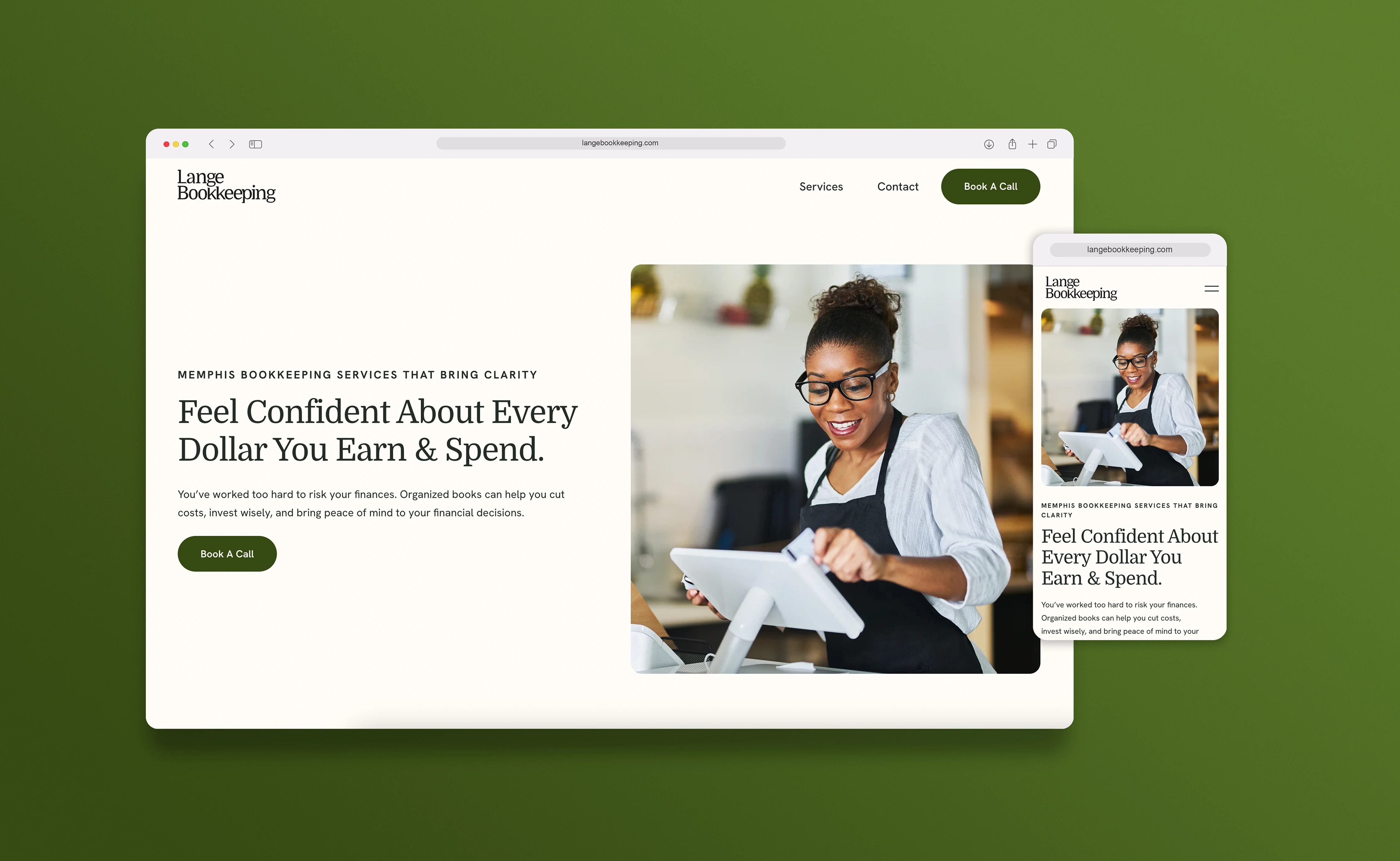 Side-by-side desktop and mobile view showing a small business owner in a retail setting with the "Feel Confident" headline.