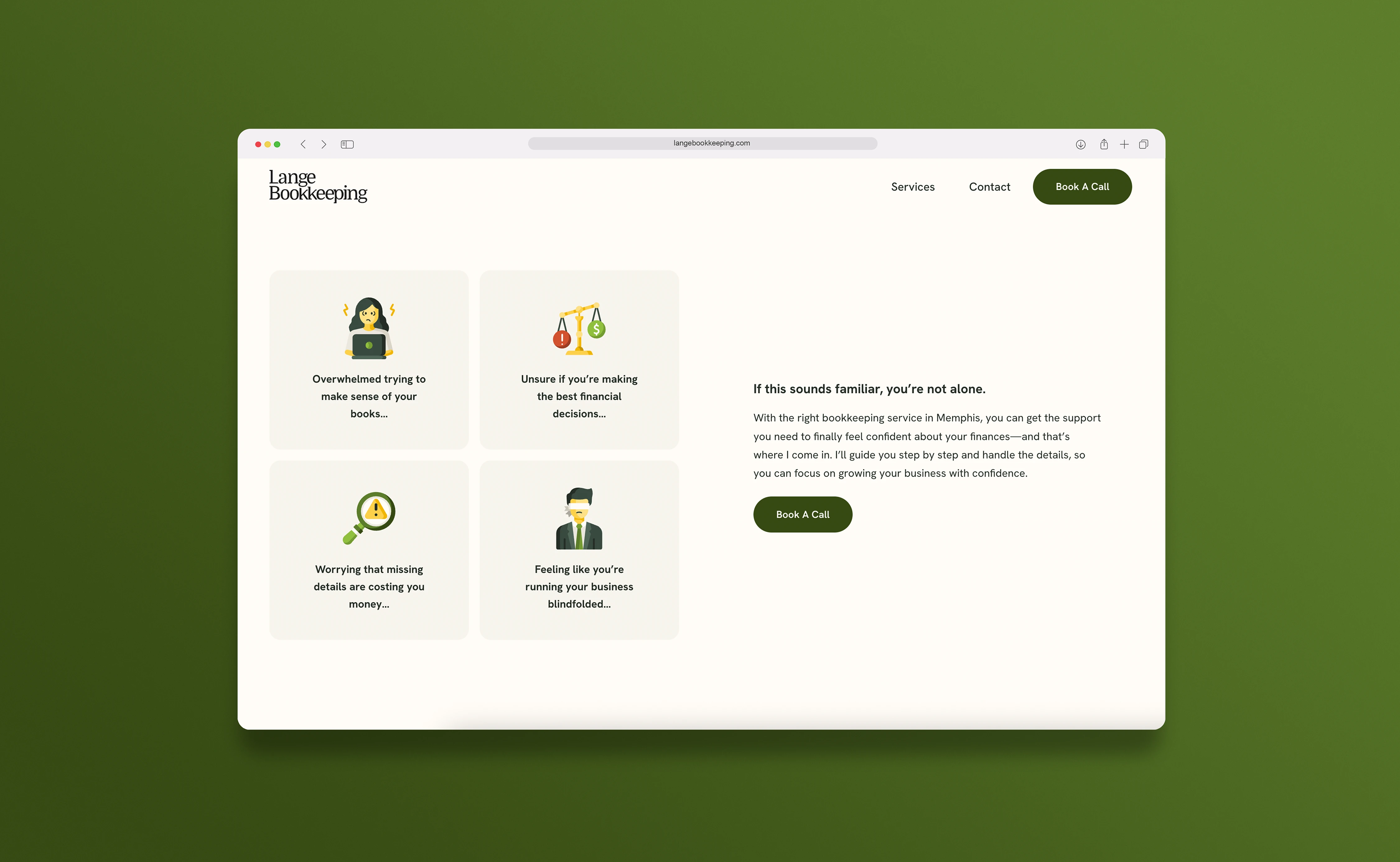 A quartet of custom-illustrated icons representing common financial stresses like being overwhelmed or "blindfolded."