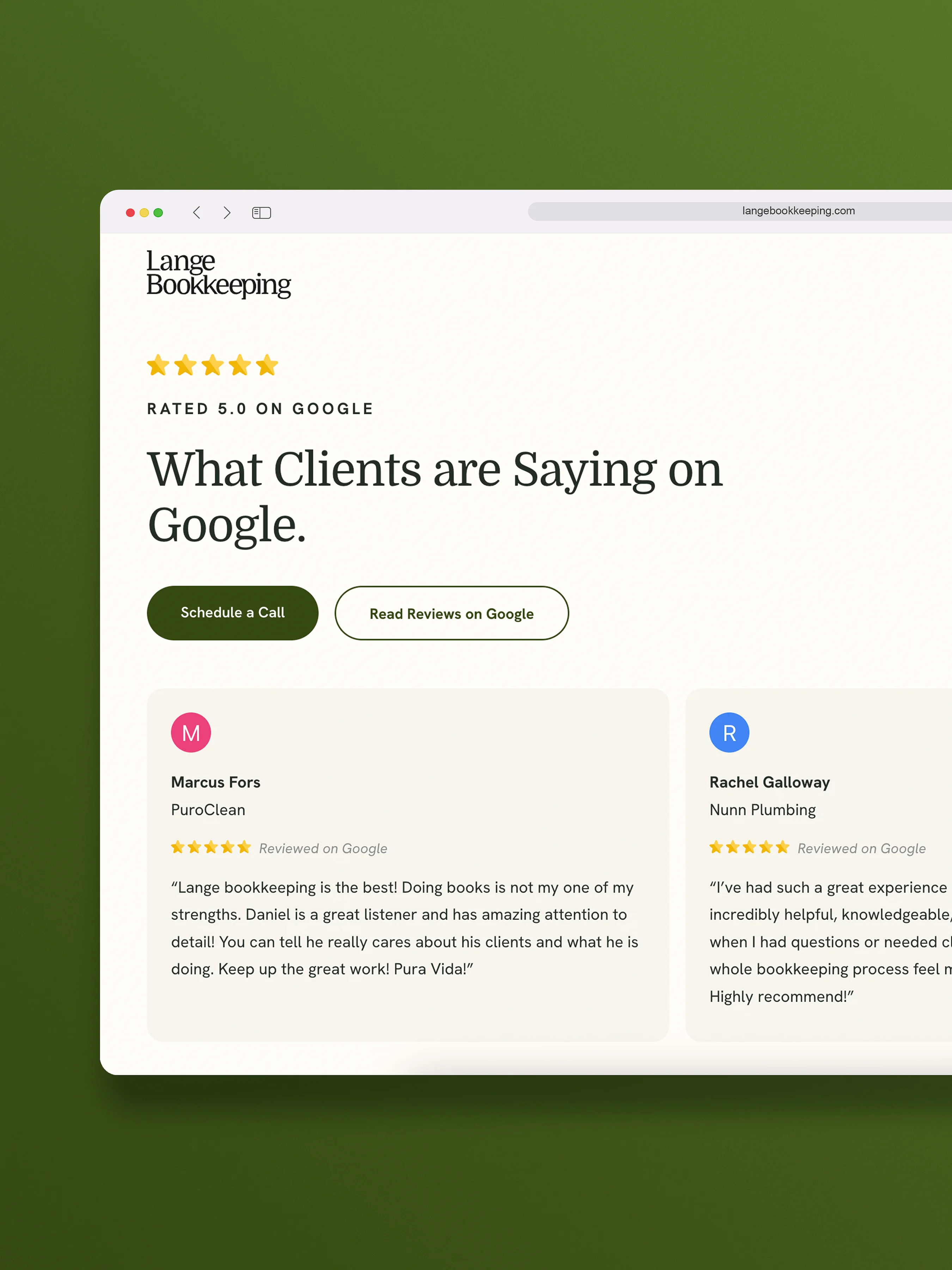 Customer review section featuring a 5-star Google rating and client feedback from a plumbing company.
