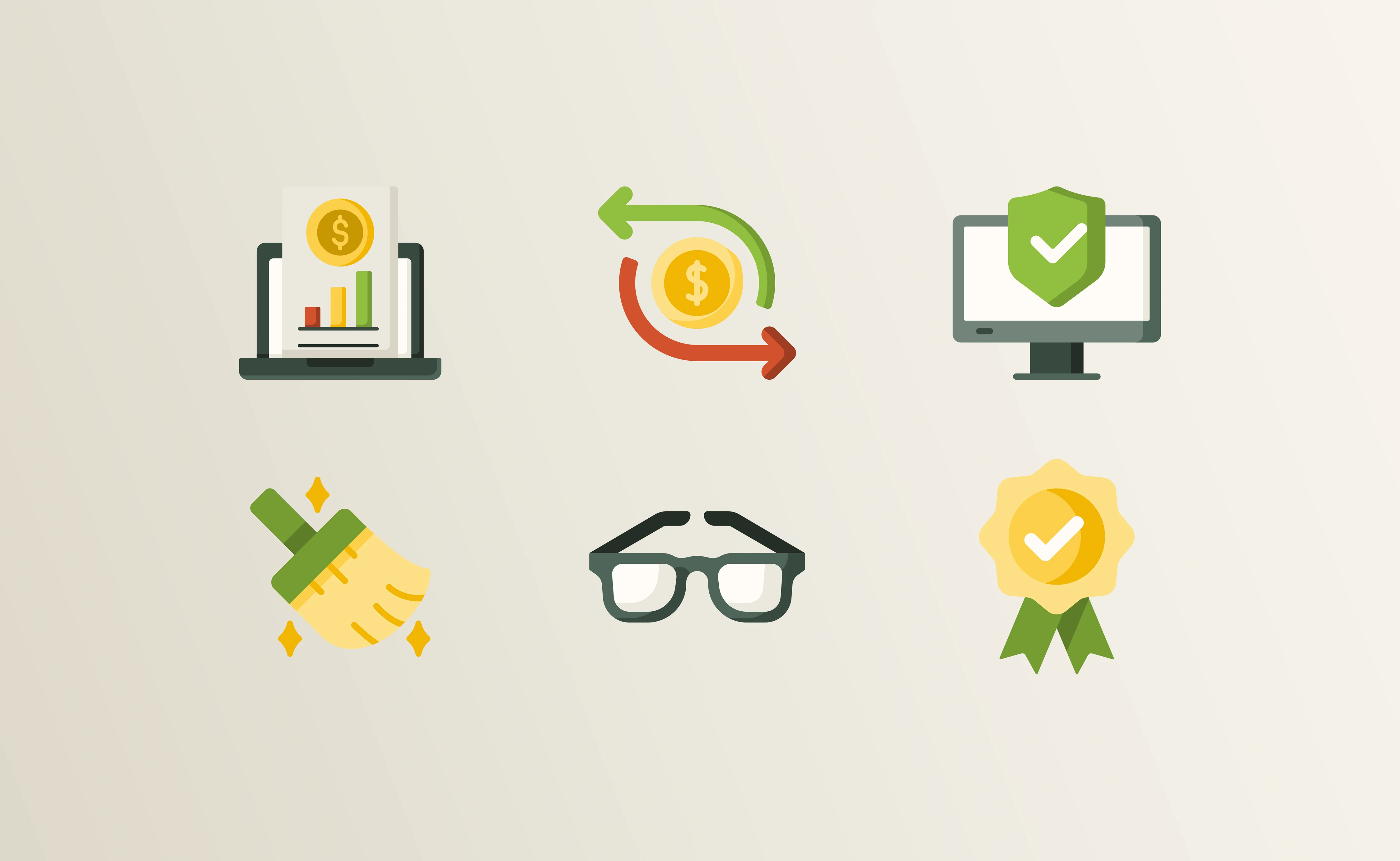 A collection of 6 flat-design icons representing data security, cash flow, and financial accuracy.
