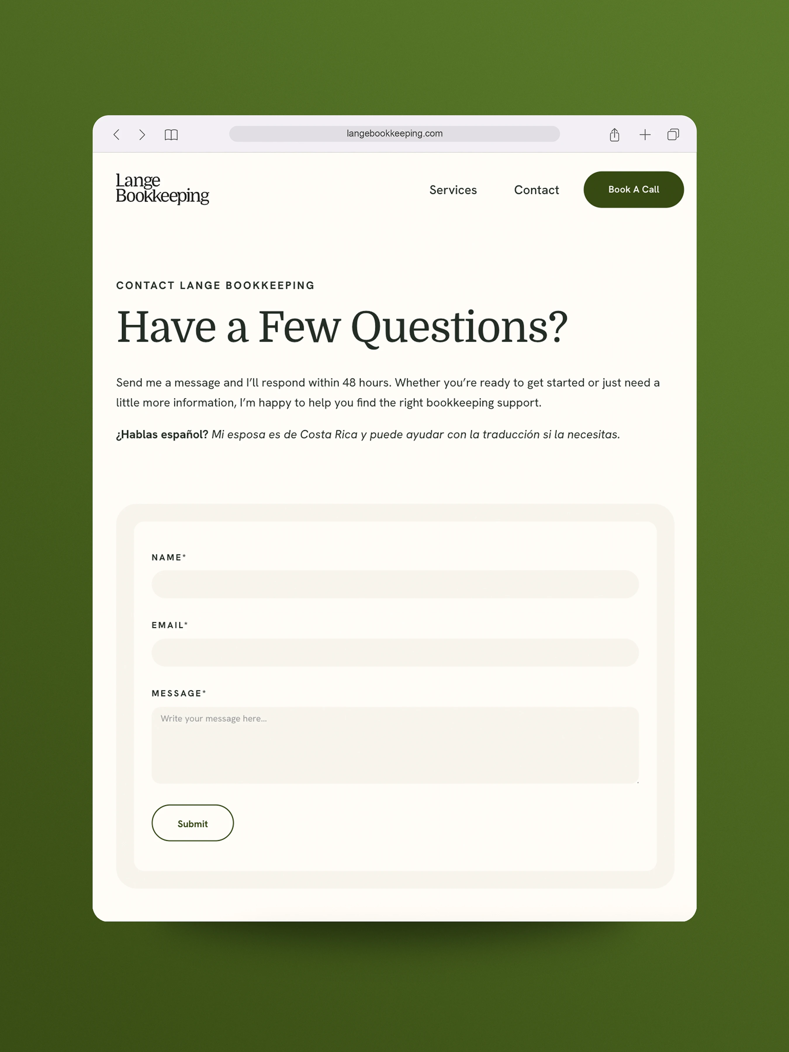 A tablet-view mockup of the Lange Bookkeeping contact page, featuring a clean lead-generation form and bilingual (English and Spanish) messaging for personalized support.
