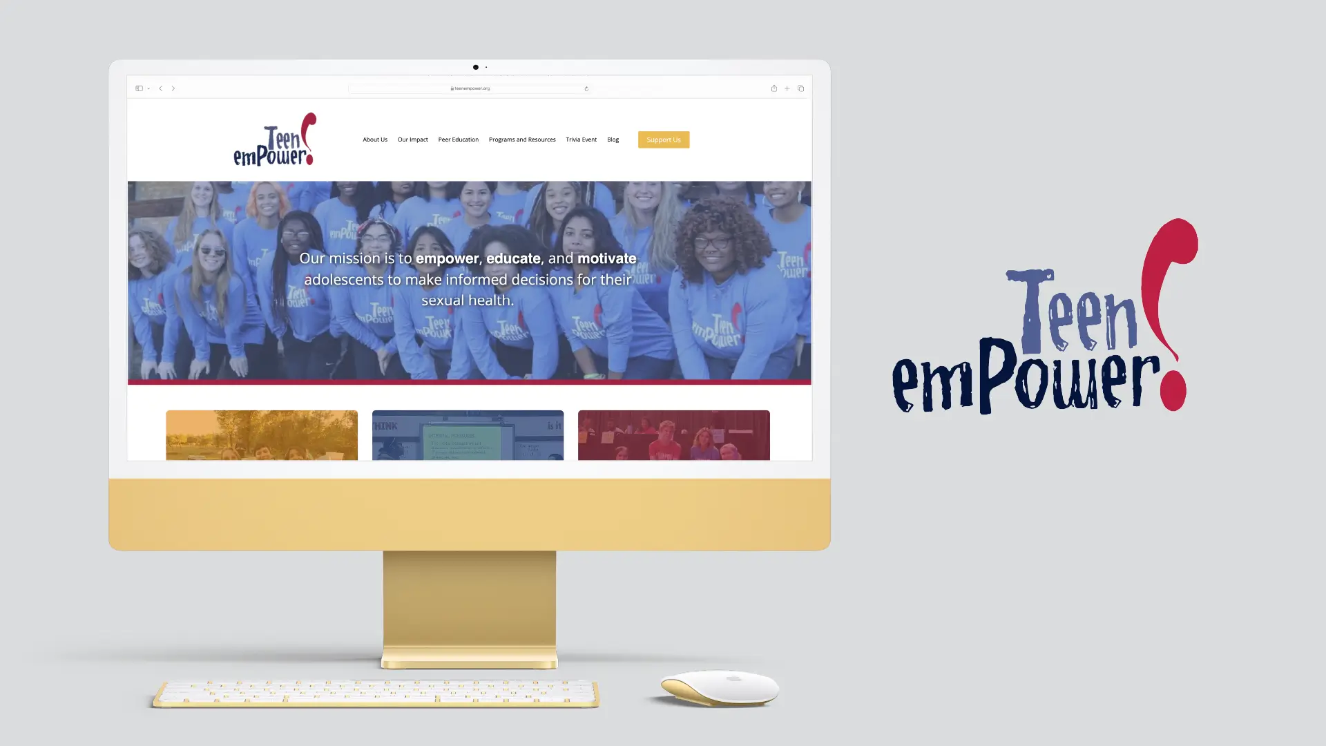 Teen Empower's old website was boring and difficult to read. The old logo features an exclamation point that's highly stylized and could be read as a question mark instead.
