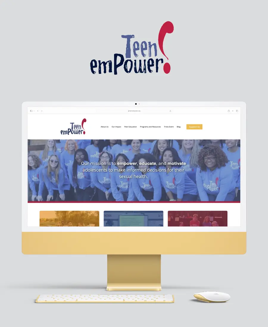 Teen Empower's old website was boring and difficult to read. The old logo features an exclamation point that's highly stylized and could be read as a question mark instead.