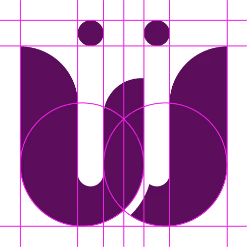 Women's E-Learning in Leadership (WELL) Logo. It's a W shape, with two dots above it. But really, it's stylized Farsi characters that read 'woman'. It appears on a grid here, showing the proportions and careful thought.