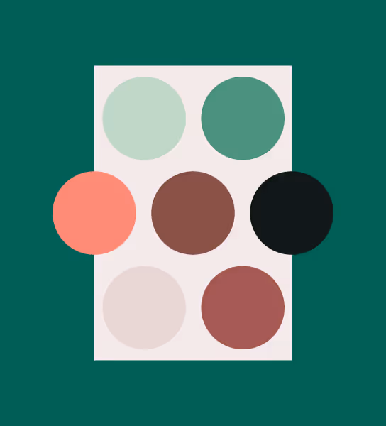 The color palette for Larkspur Consulting is a calming set of dark and light greens, with a pop of coral, peach, brown, and cream. This image shows 9 colors, overlapping as rectangles and circles.