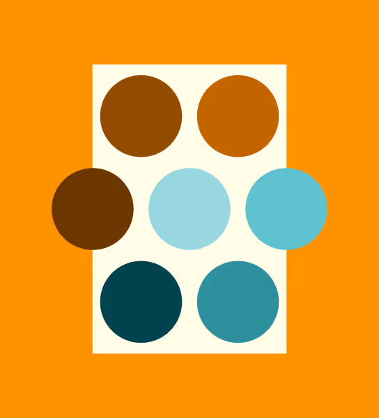 The color palette for CoSpire Consulting is a full complementary set of oranges and teals. This image shows 9 colors, overlapping as rectangles and circles.