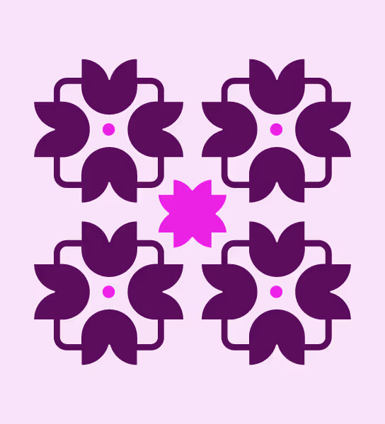A decorative image for Women's E-Learning in Leadership. It's a light purple background with a bold, geometric tile-like pattern in dark purple, with small pops of bright purple. It is inspired by Isalamic art and motifs, but made from shapes seen in the organization's logo.