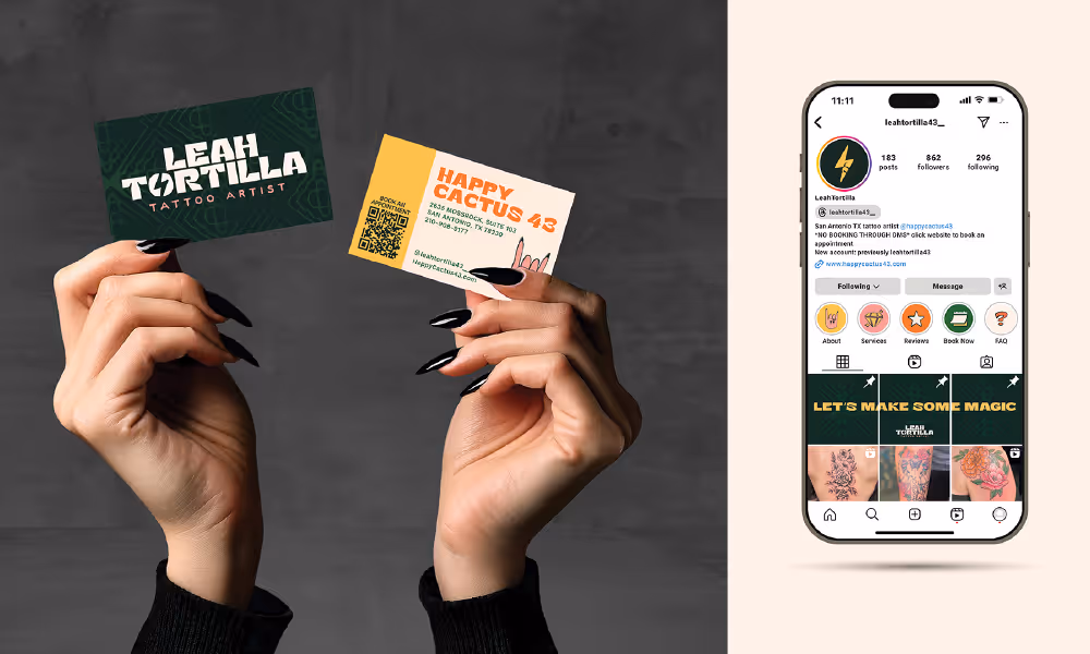 Hands with long, shiny, black nails, reach up from the bottom of the image, clad in a black sweatshirt. Each hand holds a business card for Leah Tortilla, a tattoo artist with a feminine, fun, and dark green + coral brand. It appears elevated, while funky typography brings in the fun personality. Next to this, is another image of a phone, showing the instagram profile for Leah.