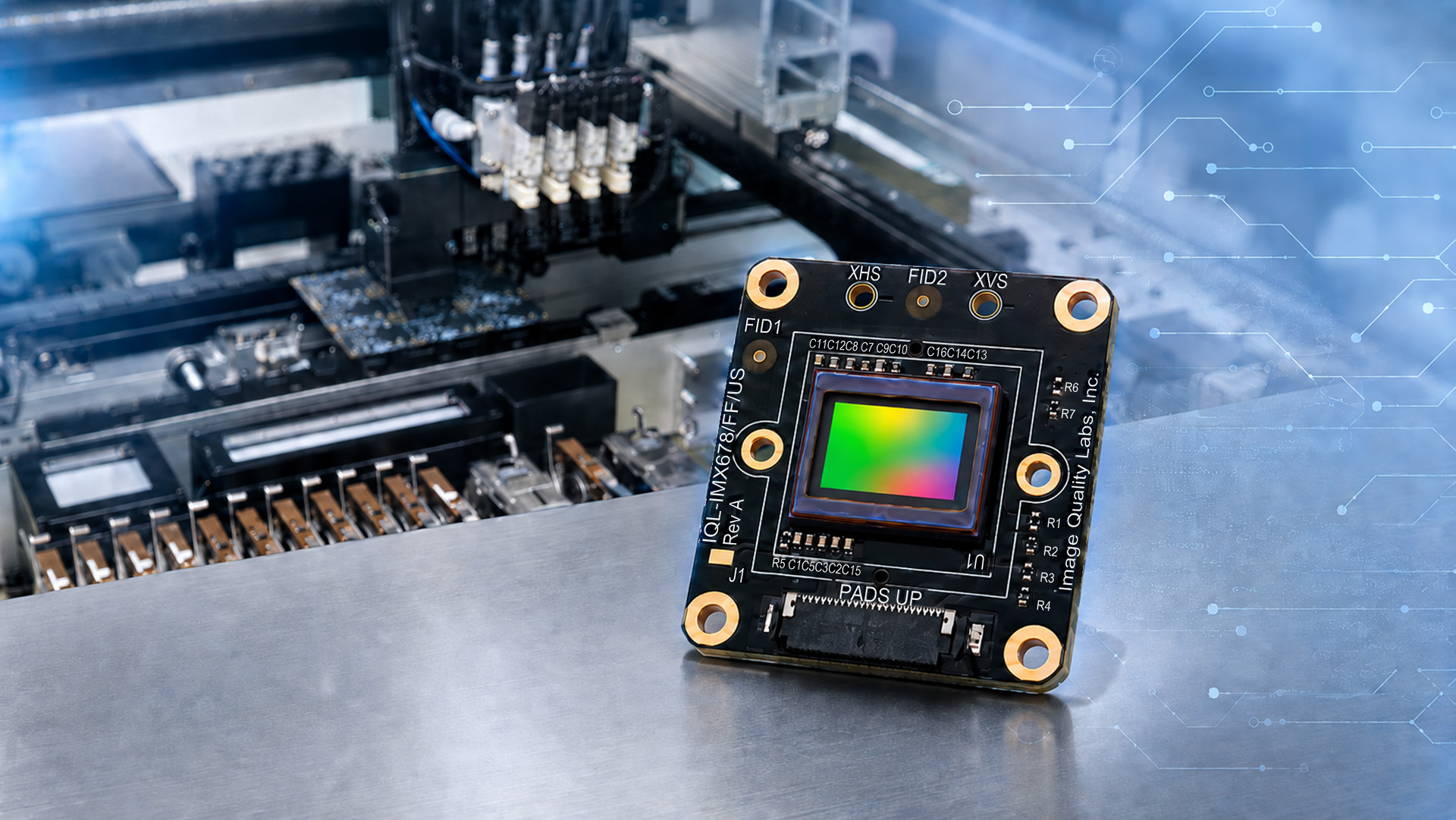 IQL IMX678 camera sensor board beside electronics assembly equipment