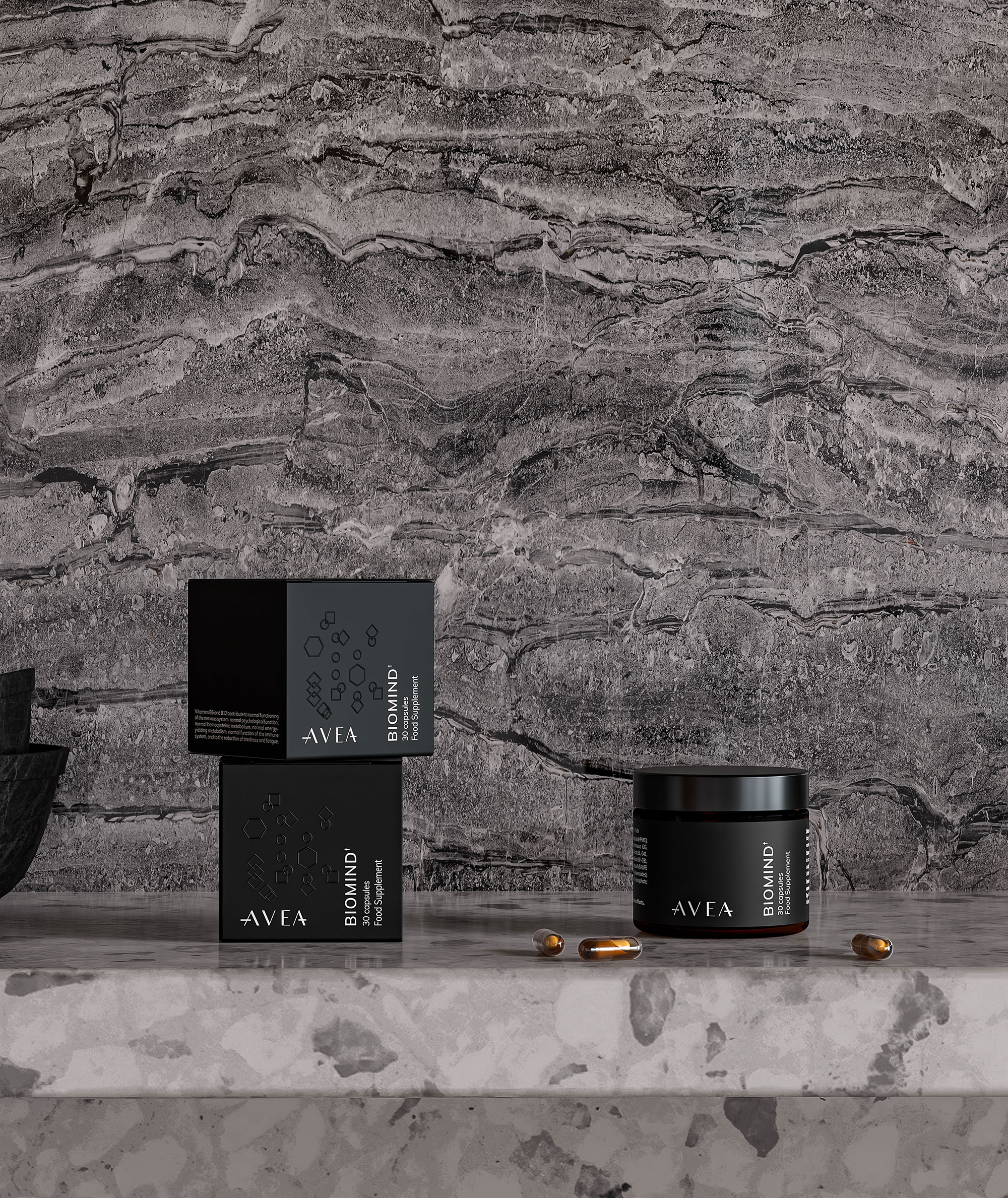 Avea Biomind Jar and Boxes in front of dark greay marble wall
